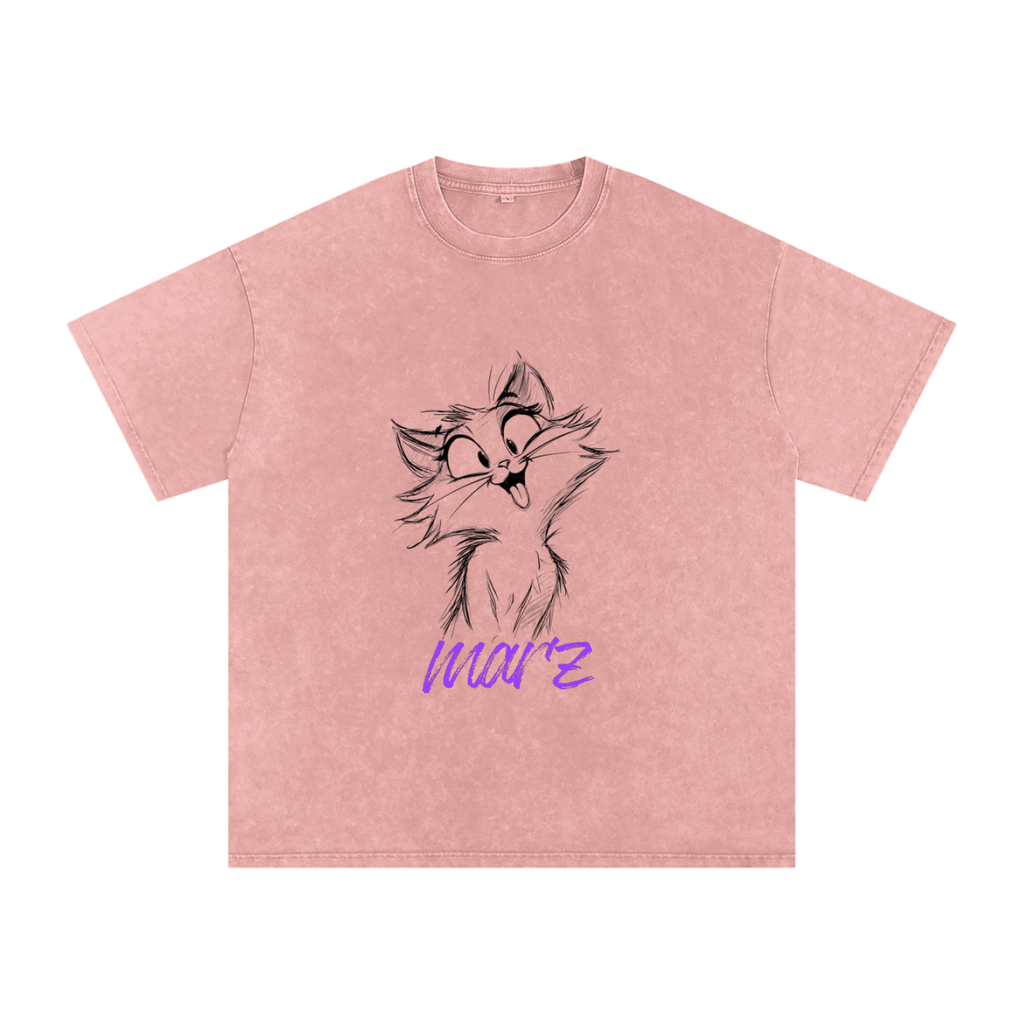 MARZ Meow Time Snow Washed Oversized Cotton T-Shirt