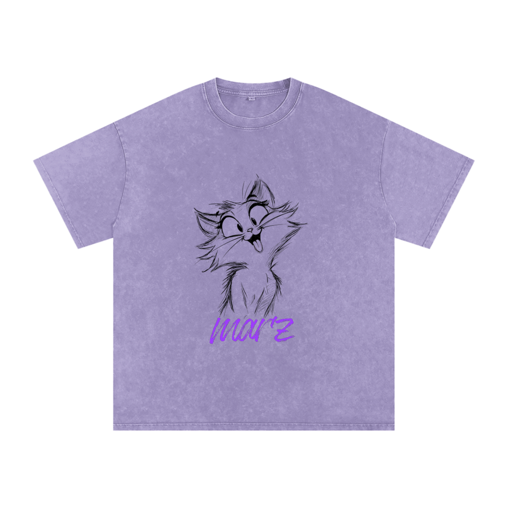MARZ Meow Time Snow Washed Oversized Cotton T-Shirt