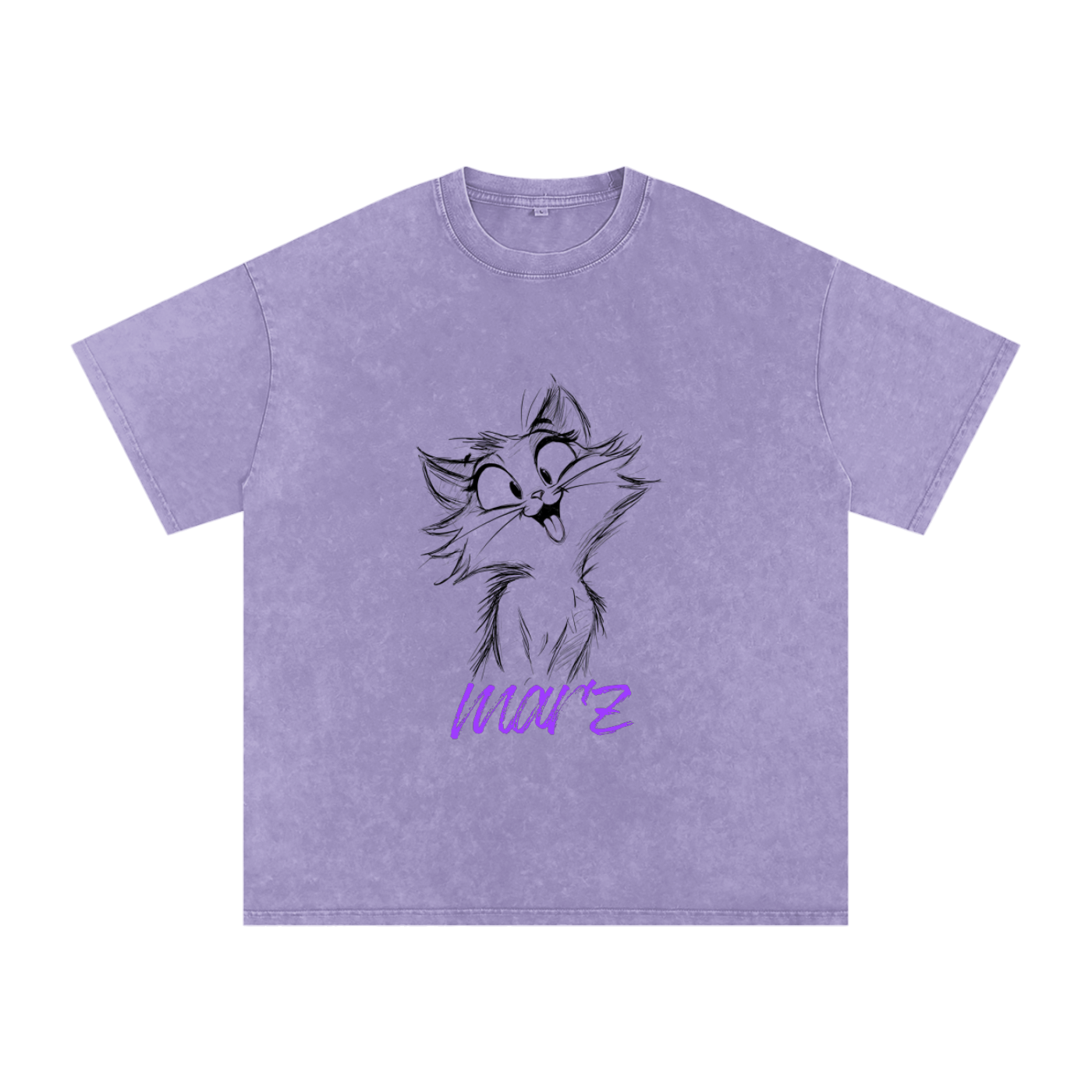 MARZ Meow Time Snow Washed Oversized Cotton T-Shirt