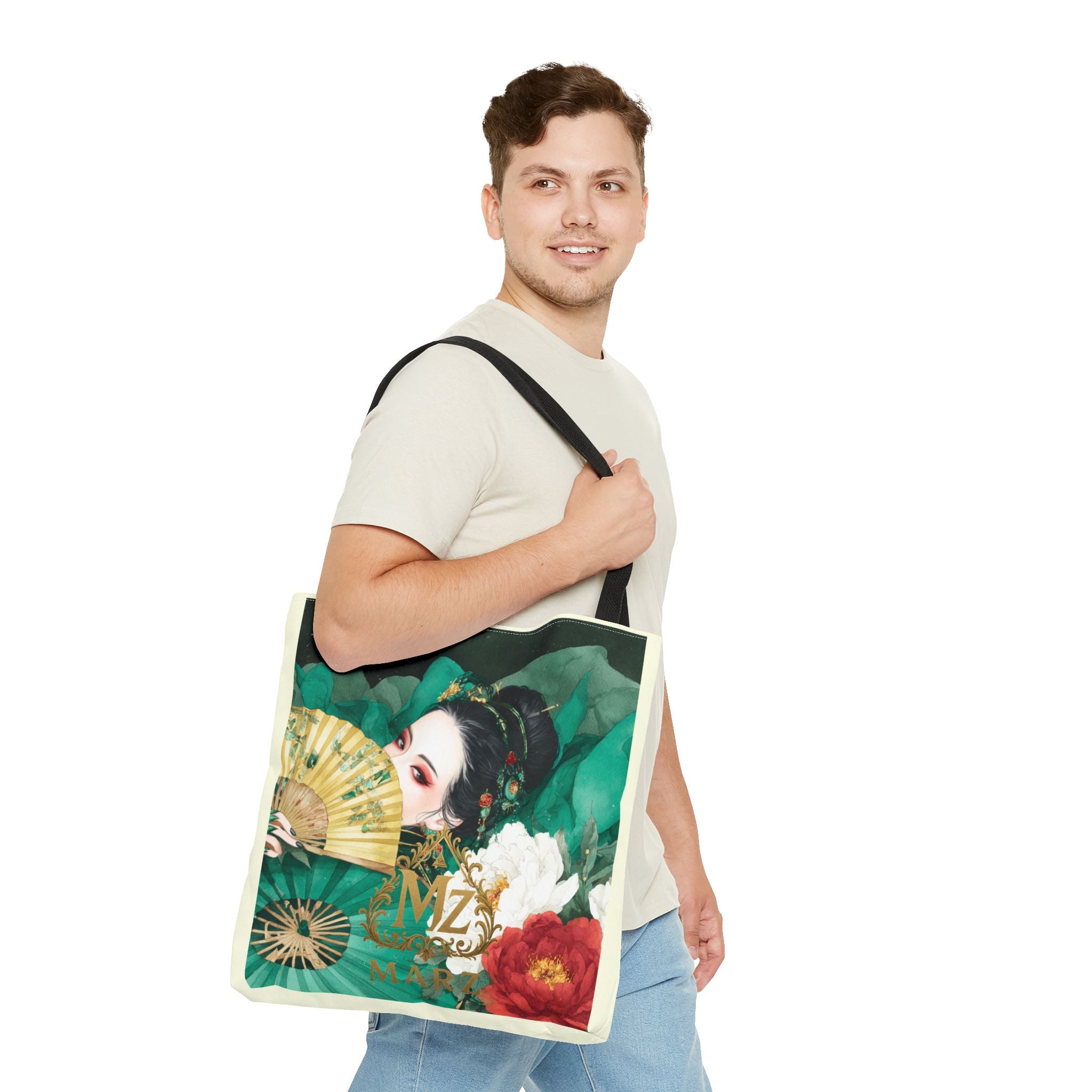 Geisha Art Tote Bag — Floral Fan Illustration Tote for Women, Asian-Inspired Fashion Accessory