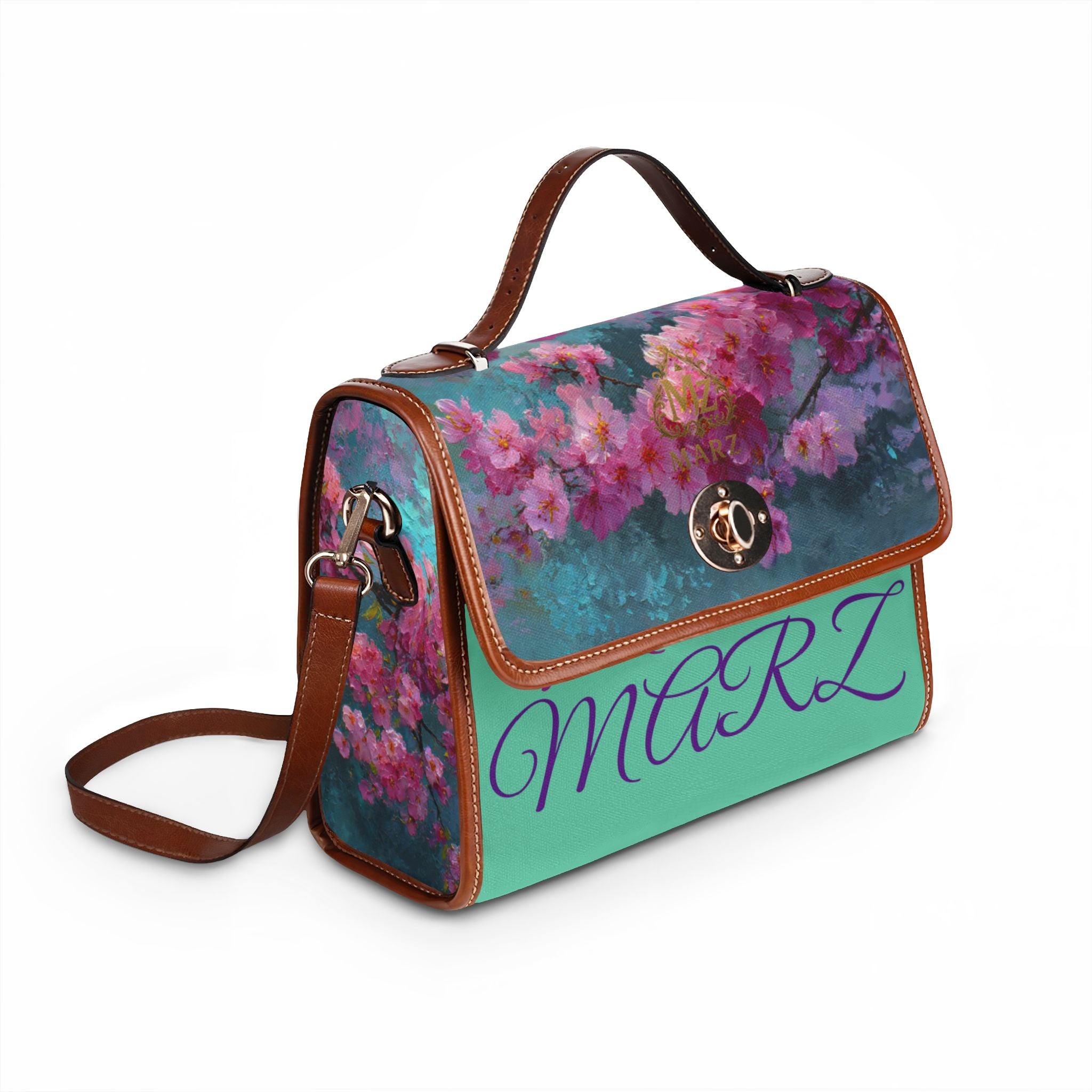 Floral Cherry Blossom Waterproof Canvas Bag — Vintage Teal Satchel