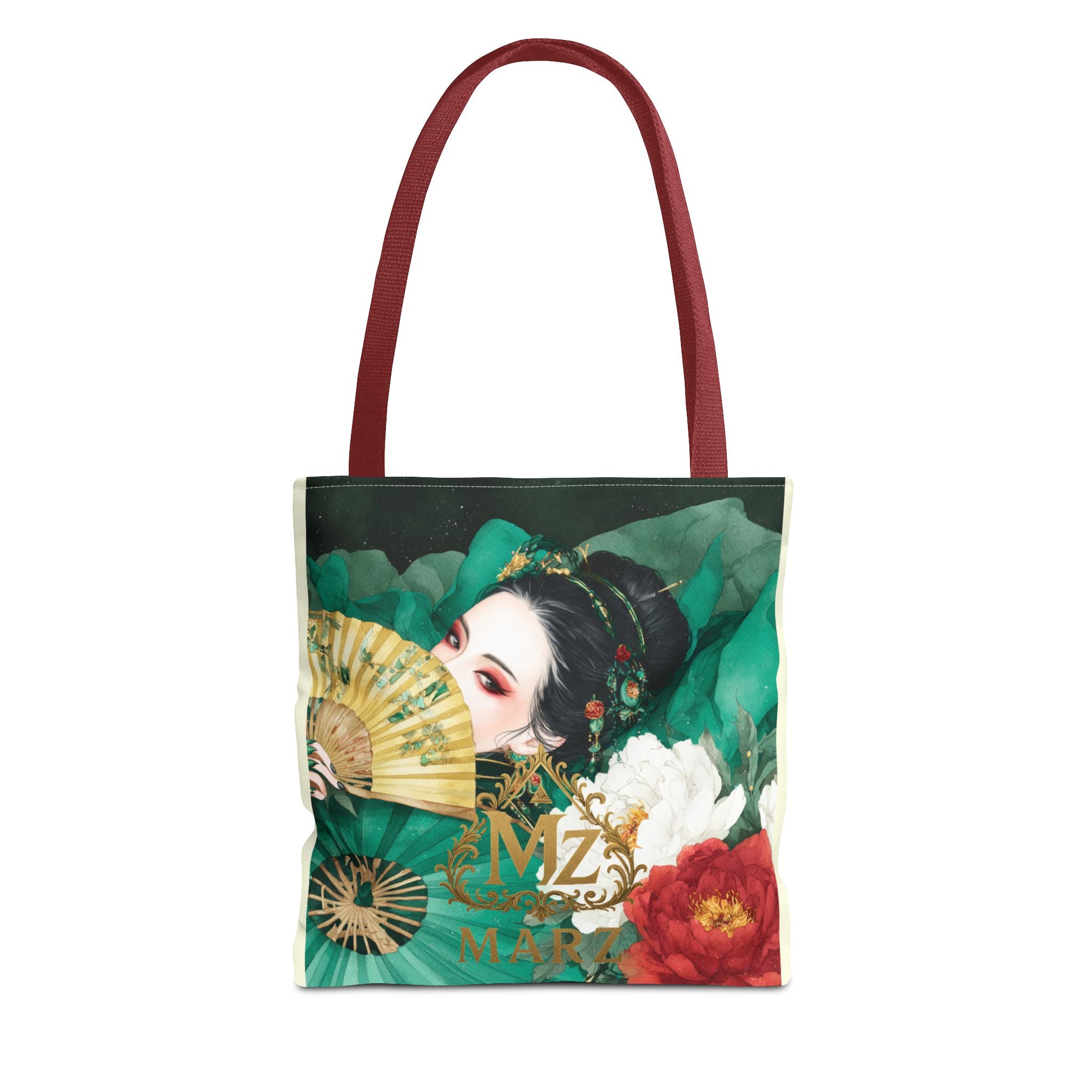 Geisha Art Tote Bag — Floral Fan Illustration Tote for Women, Asian-Inspired Fashion Accessory
