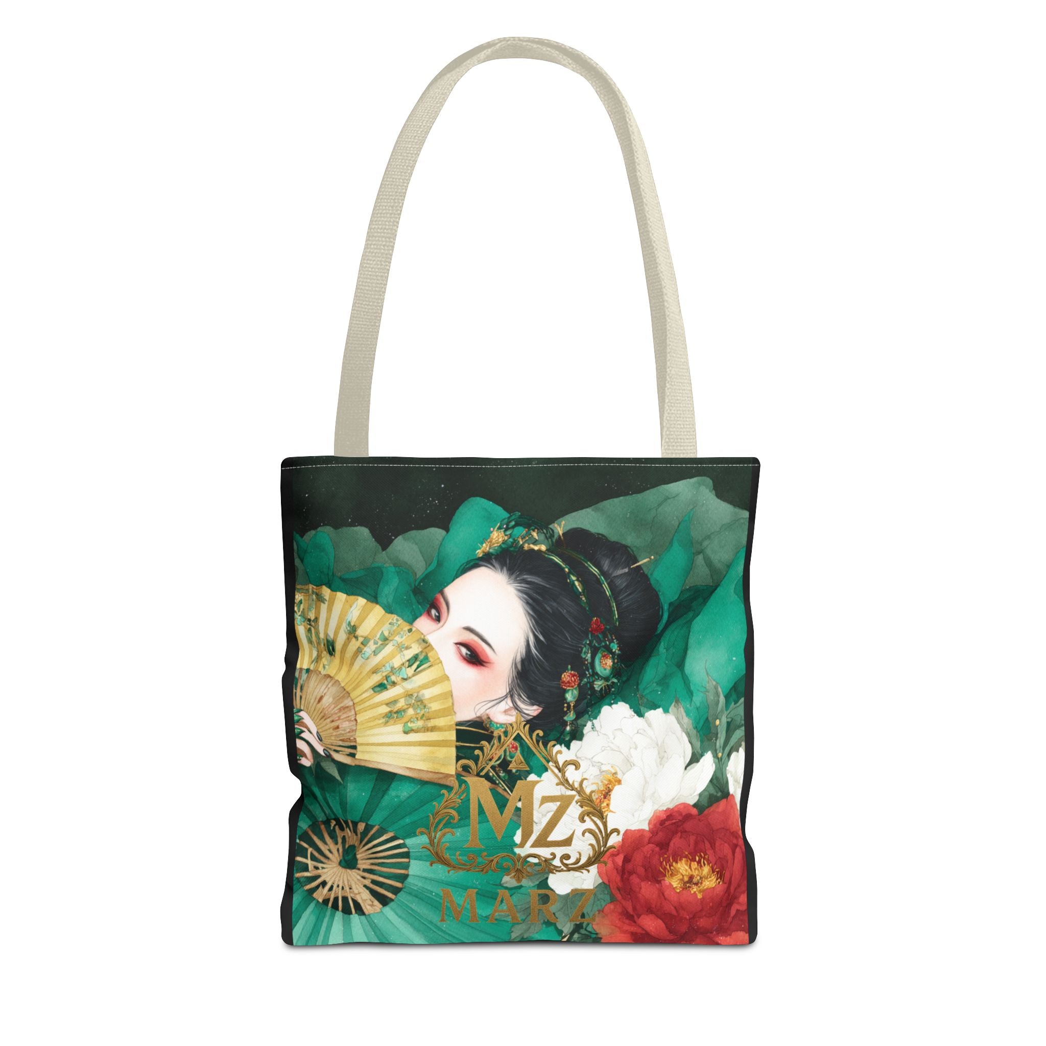 Geisha Art Tote Bag — Floral Fan Illustration Tote for Women, Asian-Inspired Fashion Accessory