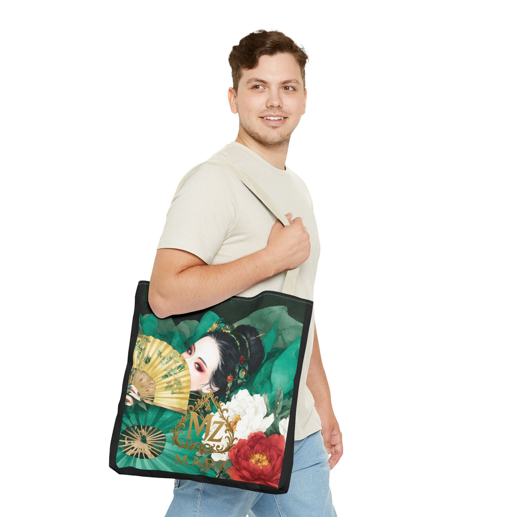 Geisha Art Tote Bag — Floral Fan Illustration Tote for Women, Asian-Inspired Fashion Accessory