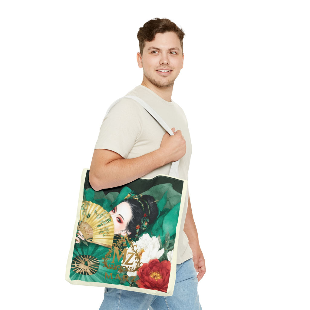 Geisha Art Tote Bag — Floral Fan Illustration Tote for Women, Asian-Inspired Fashion Accessory