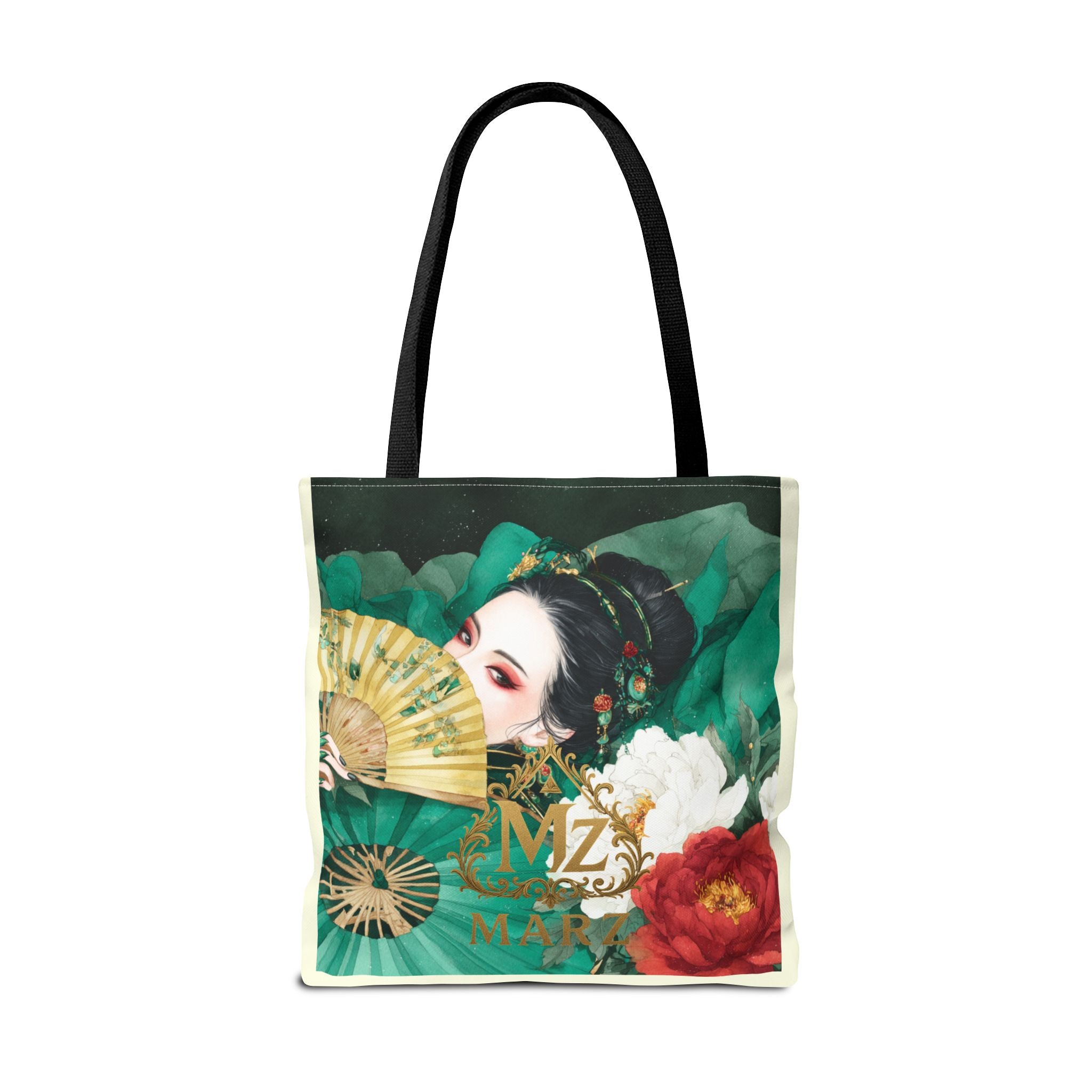 Geisha Art Tote Bag — Floral Fan Illustration Tote for Women, Asian-Inspired Fashion Accessory