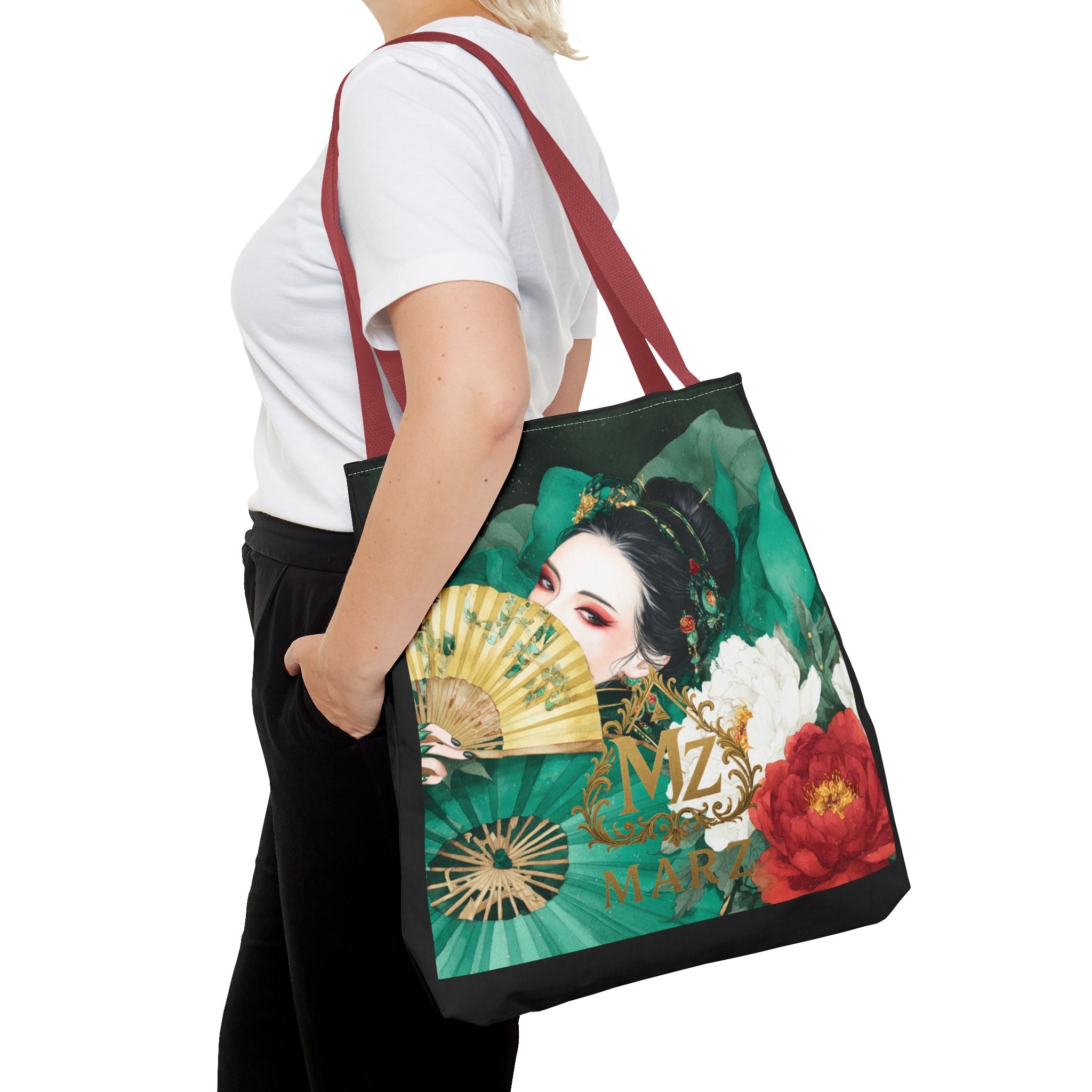 Geisha Art Tote Bag — Floral Fan Illustration Tote for Women, Asian-Inspired Fashion Accessory