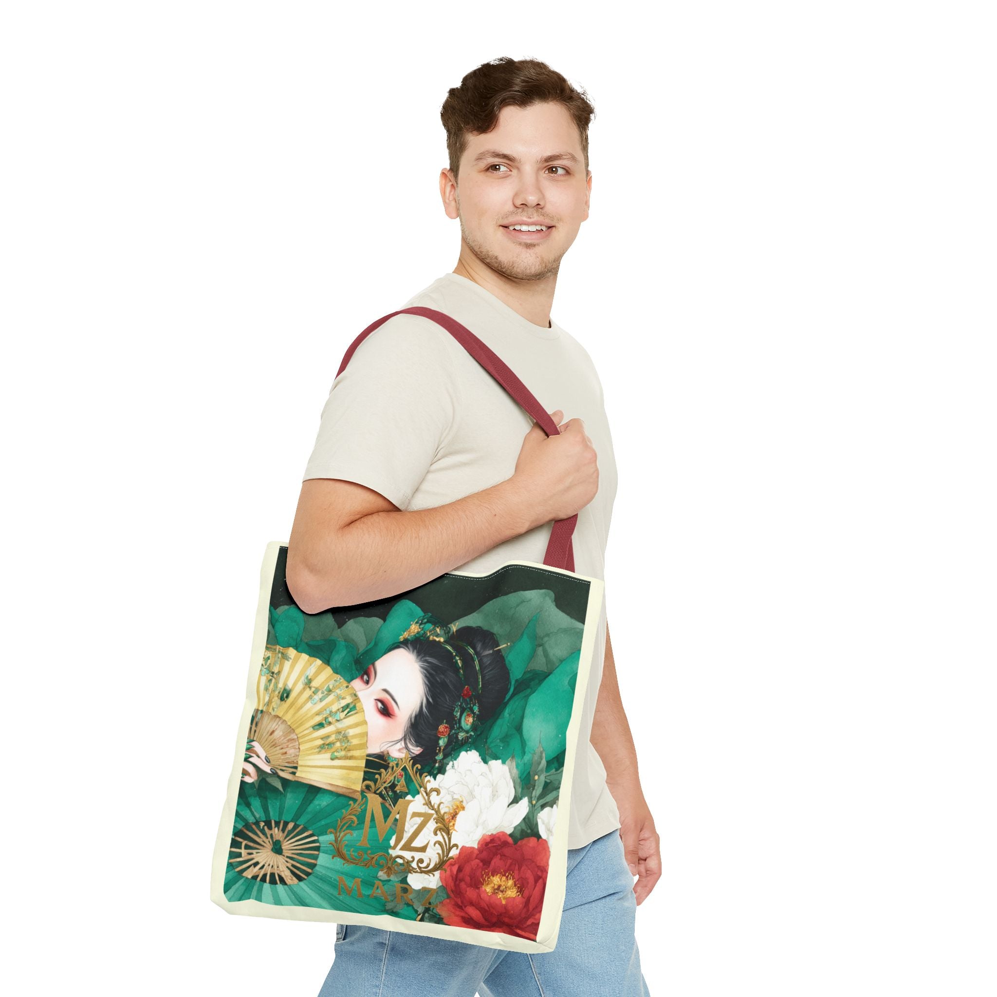 Geisha Art Tote Bag — Floral Fan Illustration Tote for Women, Asian-Inspired Fashion Accessory