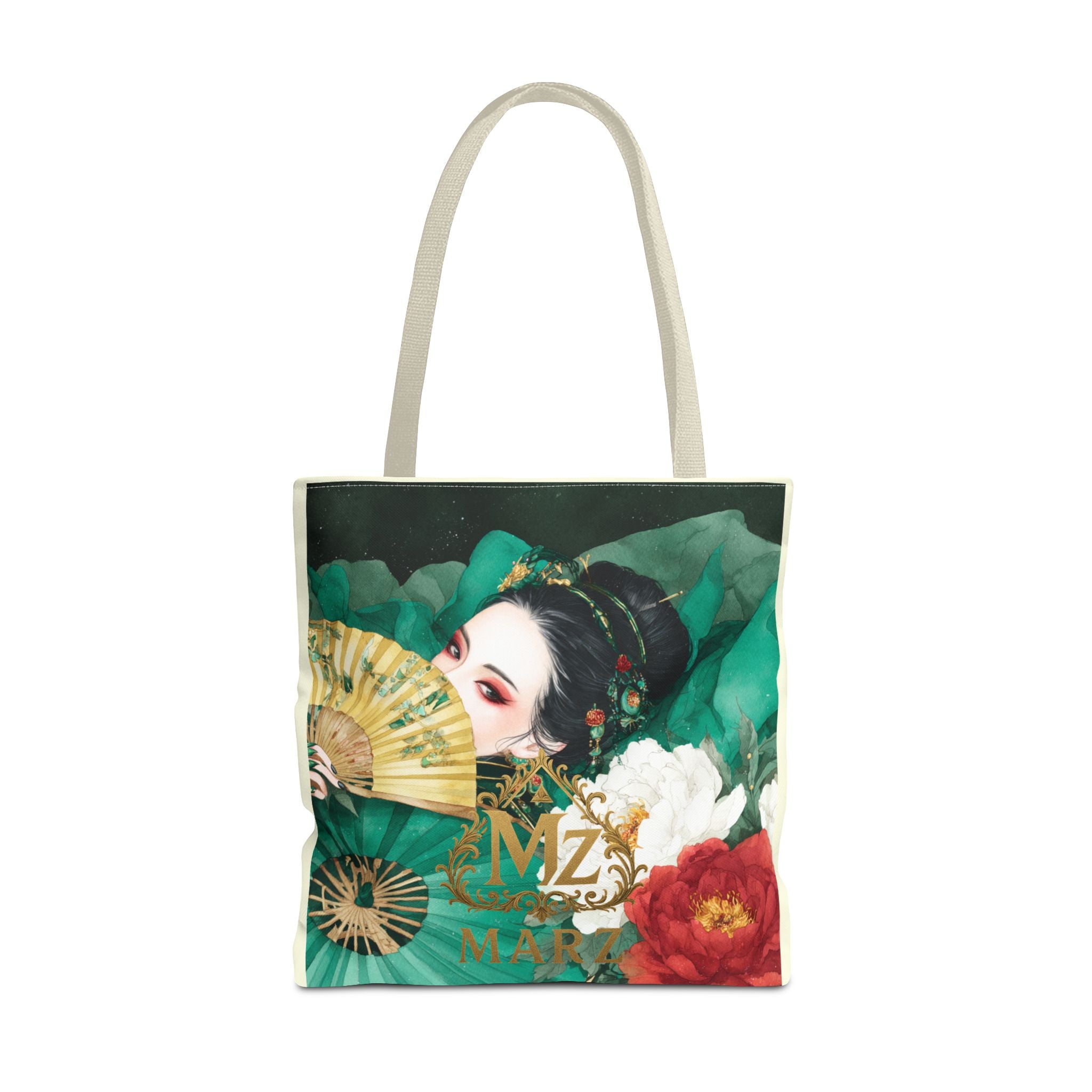 Geisha Art Tote Bag — Floral Fan Illustration Tote for Women, Asian-Inspired Fashion Accessory