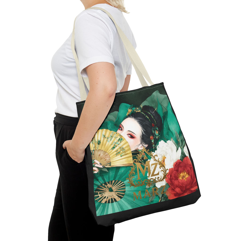 Geisha Art Tote Bag — Floral Fan Illustration Tote for Women, Asian-Inspired Fashion Accessory