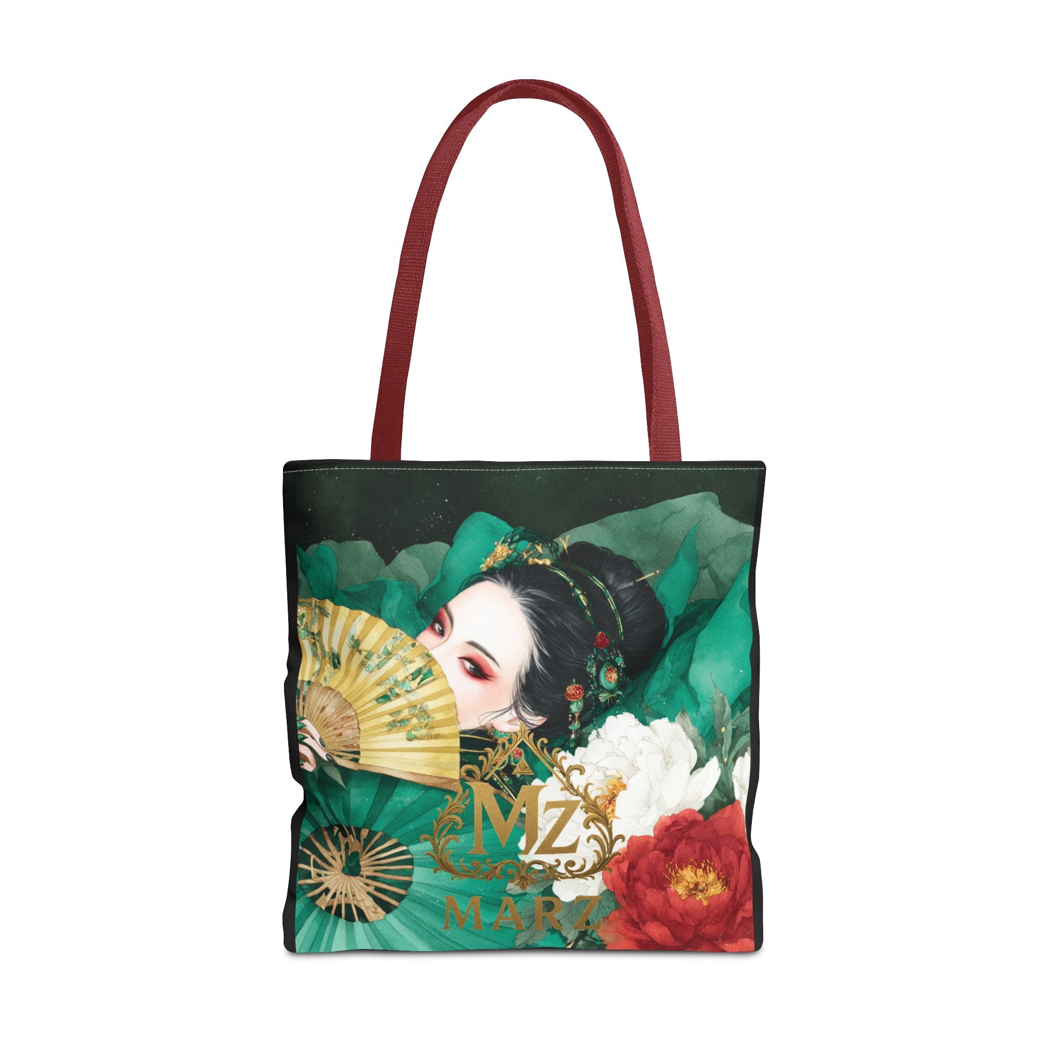 Geisha Art Tote Bag — Floral Fan Illustration Tote for Women, Asian-Inspired Fashion Accessory