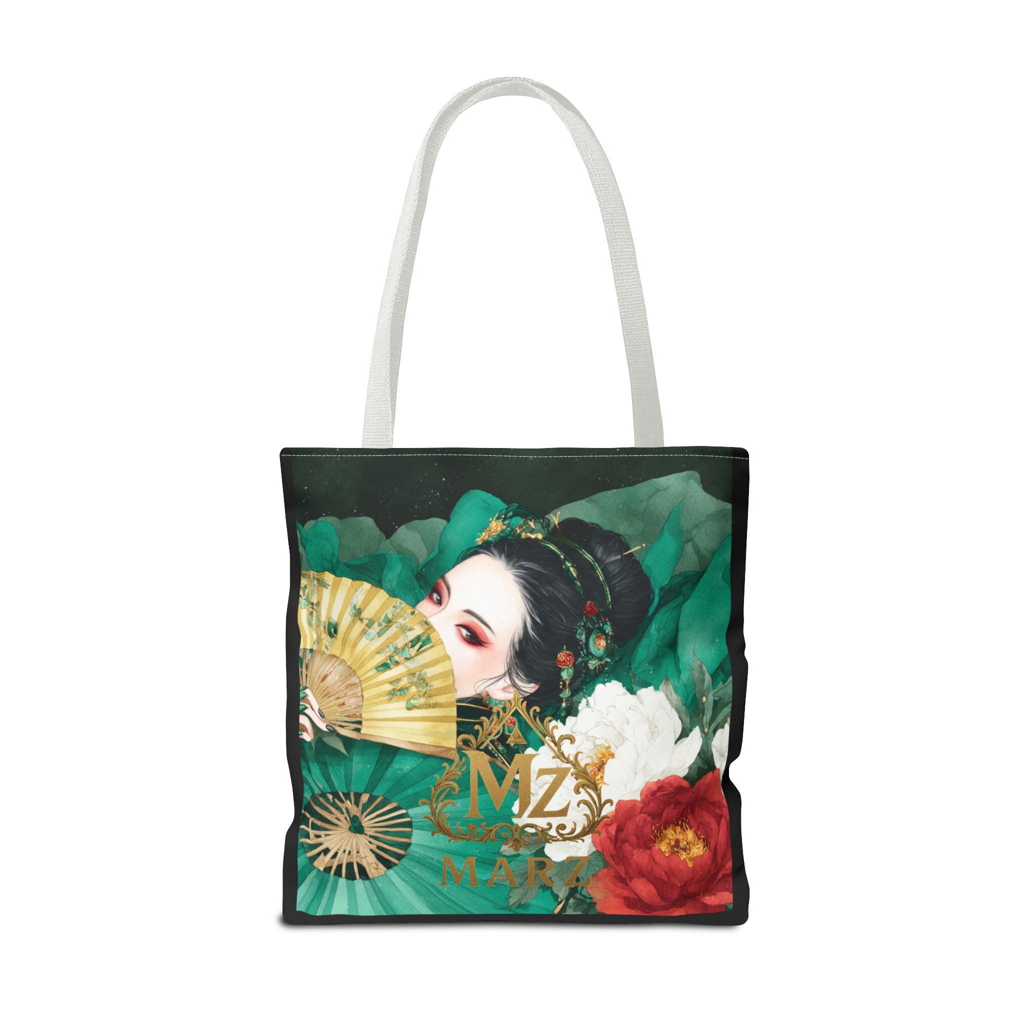 Geisha Art Tote Bag — Floral Fan Illustration Tote for Women, Asian-Inspired Fashion Accessory