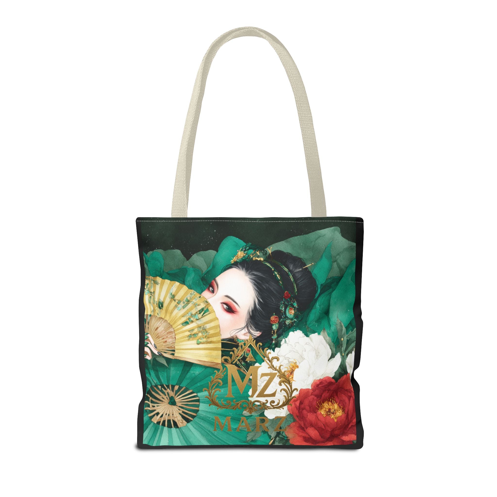 Geisha Art Tote Bag — Floral Fan Illustration Tote for Women, Asian-Inspired Fashion Accessory
