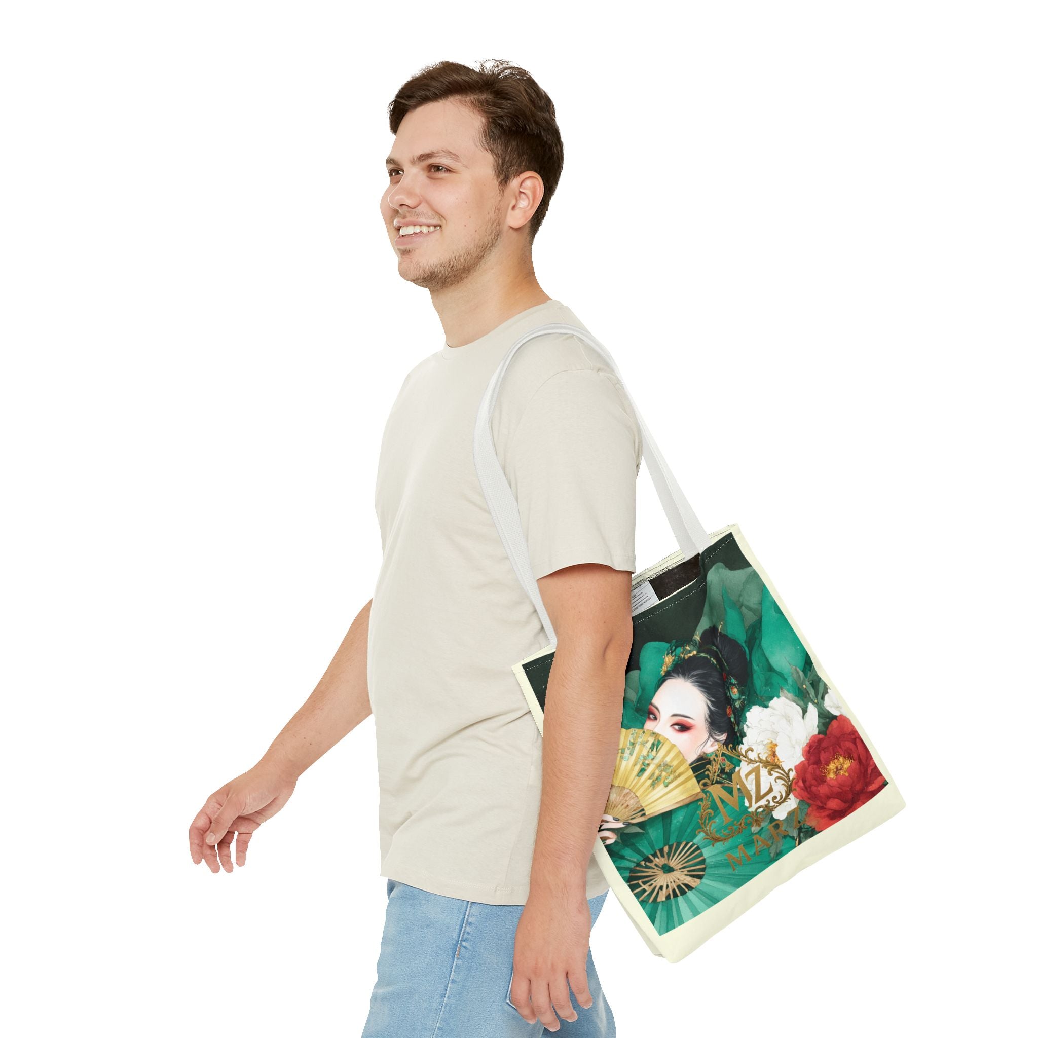 Geisha Art Tote Bag — Floral Fan Illustration Tote for Women, Asian-Inspired Fashion Accessory