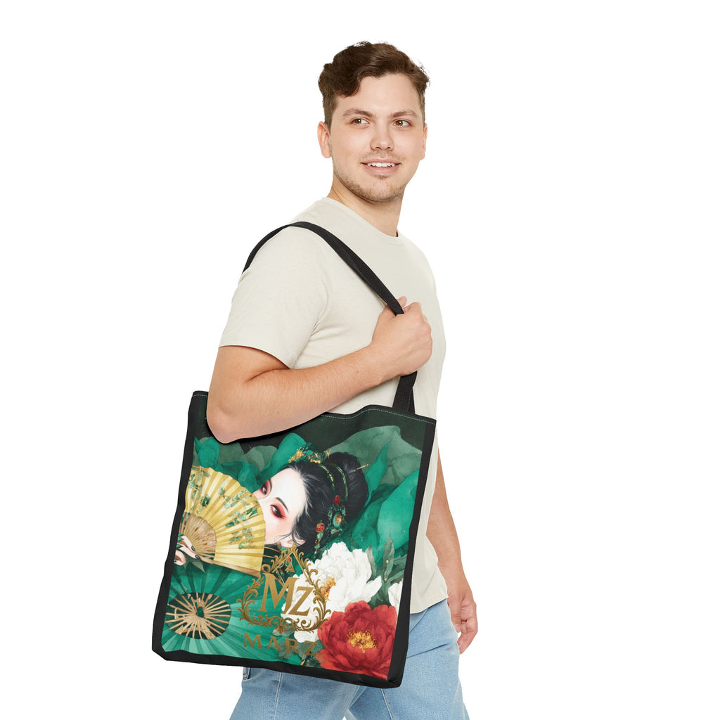 Geisha Art Tote Bag — Floral Fan Illustration Tote for Women, Asian-Inspired Fashion Accessory