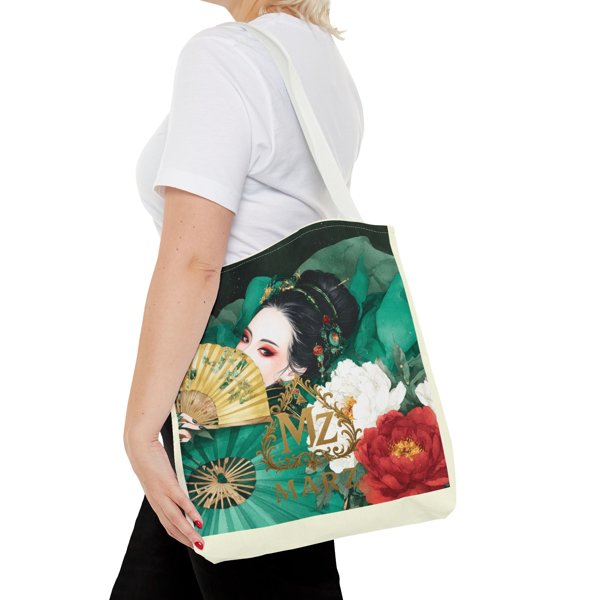 Geisha Art Tote Bag — Floral Fan Illustration Tote for Women, Asian-Inspired Fashion Accessory