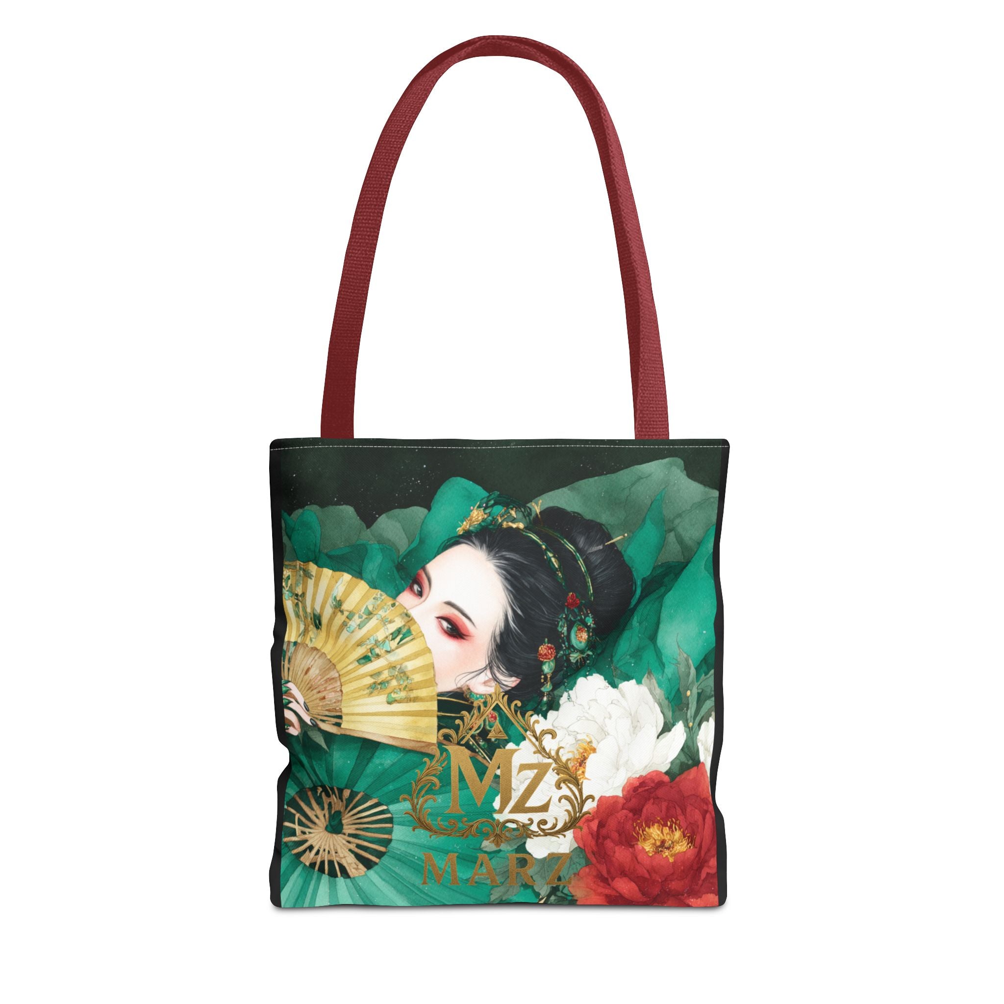 Geisha Art Tote Bag — Floral Fan Illustration Tote for Women, Asian-Inspired Fashion Accessory