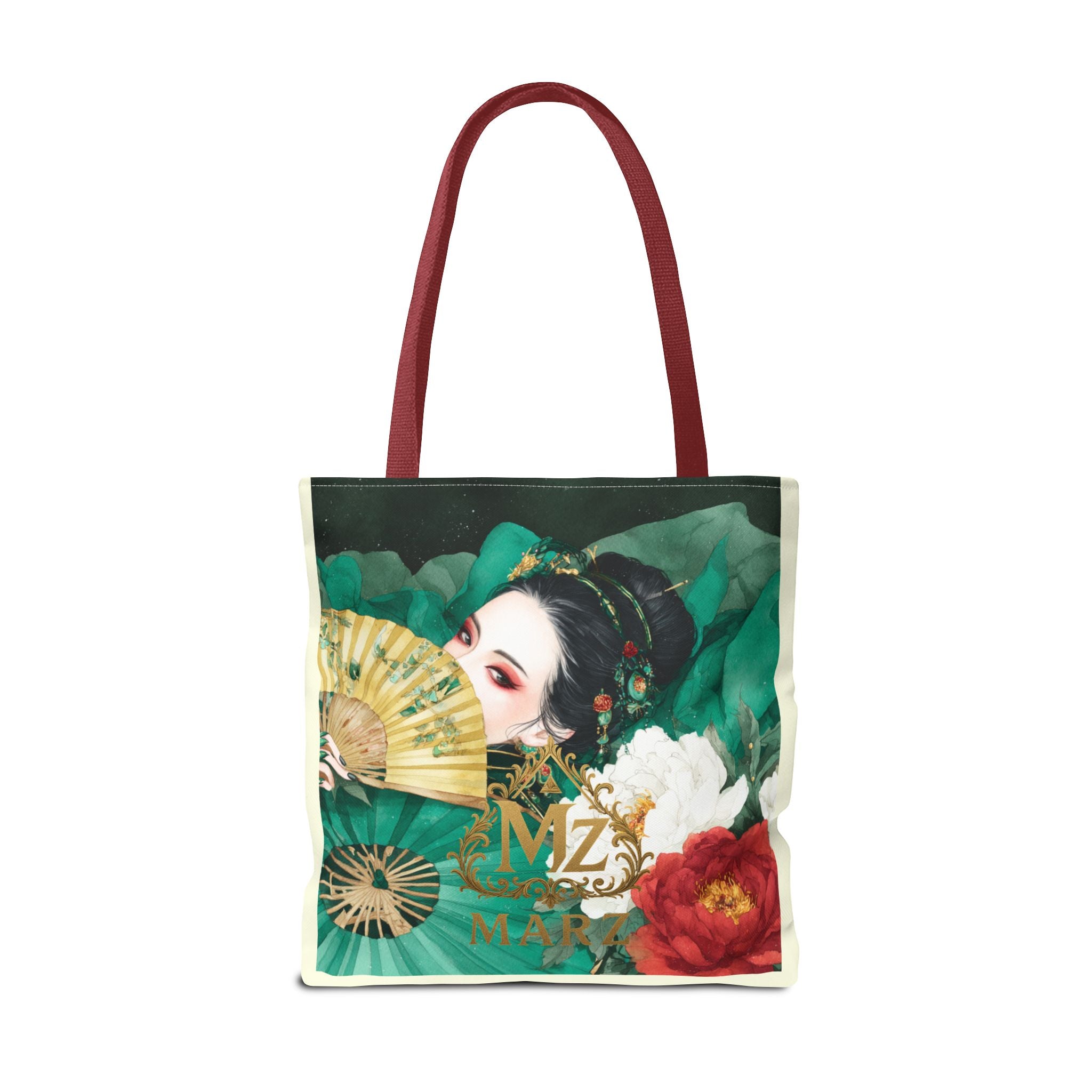 Geisha Art Tote Bag — Floral Fan Illustration Tote for Women, Asian-Inspired Fashion Accessory