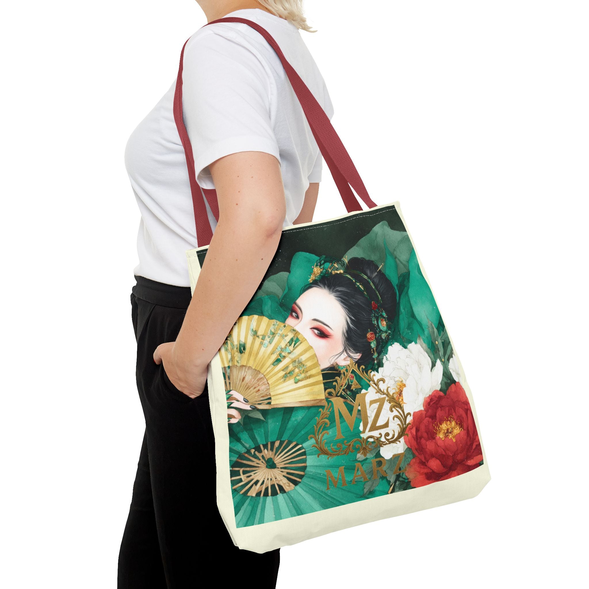 Geisha Art Tote Bag — Floral Fan Illustration Tote for Women, Asian-Inspired Fashion Accessory