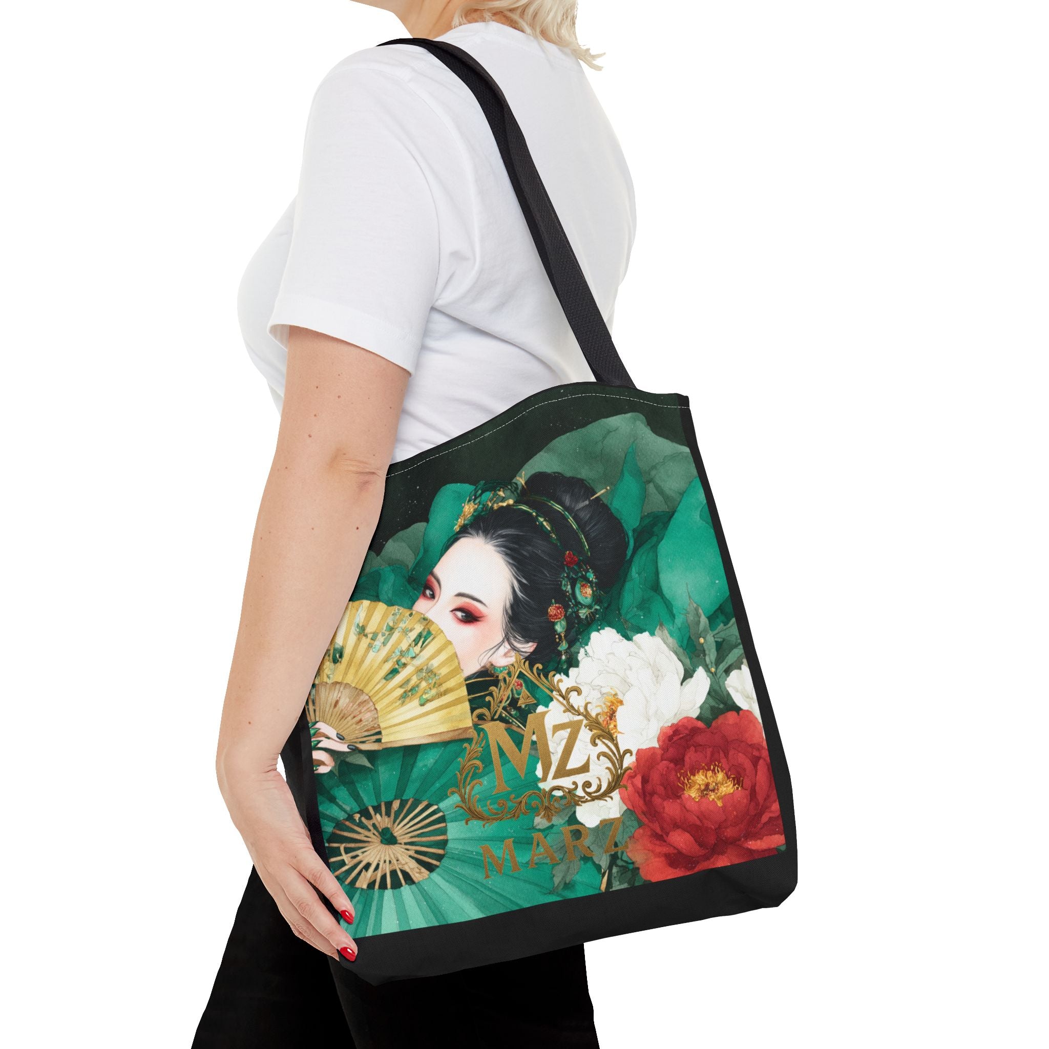 Geisha Art Tote Bag — Floral Fan Illustration Tote for Women, Asian-Inspired Fashion Accessory
