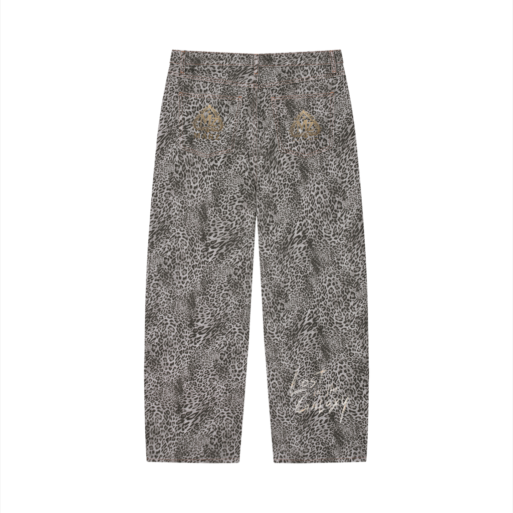 MARZ Wild City Unisex Vintage Wash Leopard Wide Leg Jeans