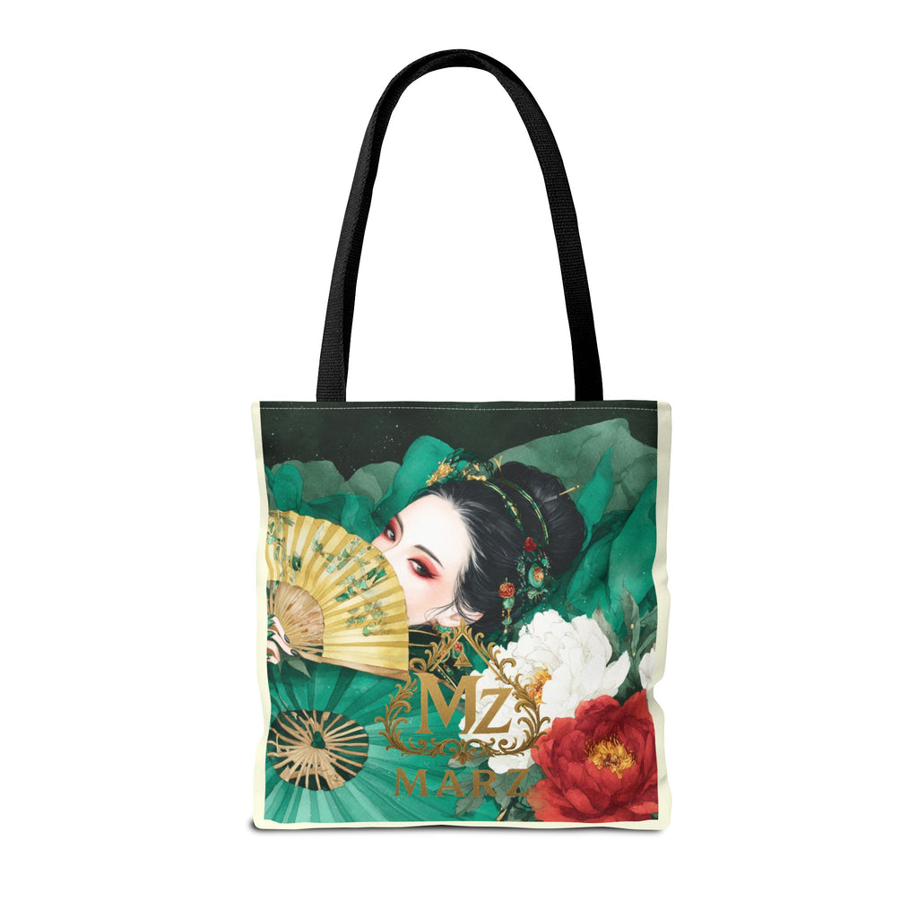 Geisha Art Tote Bag — Floral Fan Illustration Tote for Women, Asian-Inspired Fashion Accessory