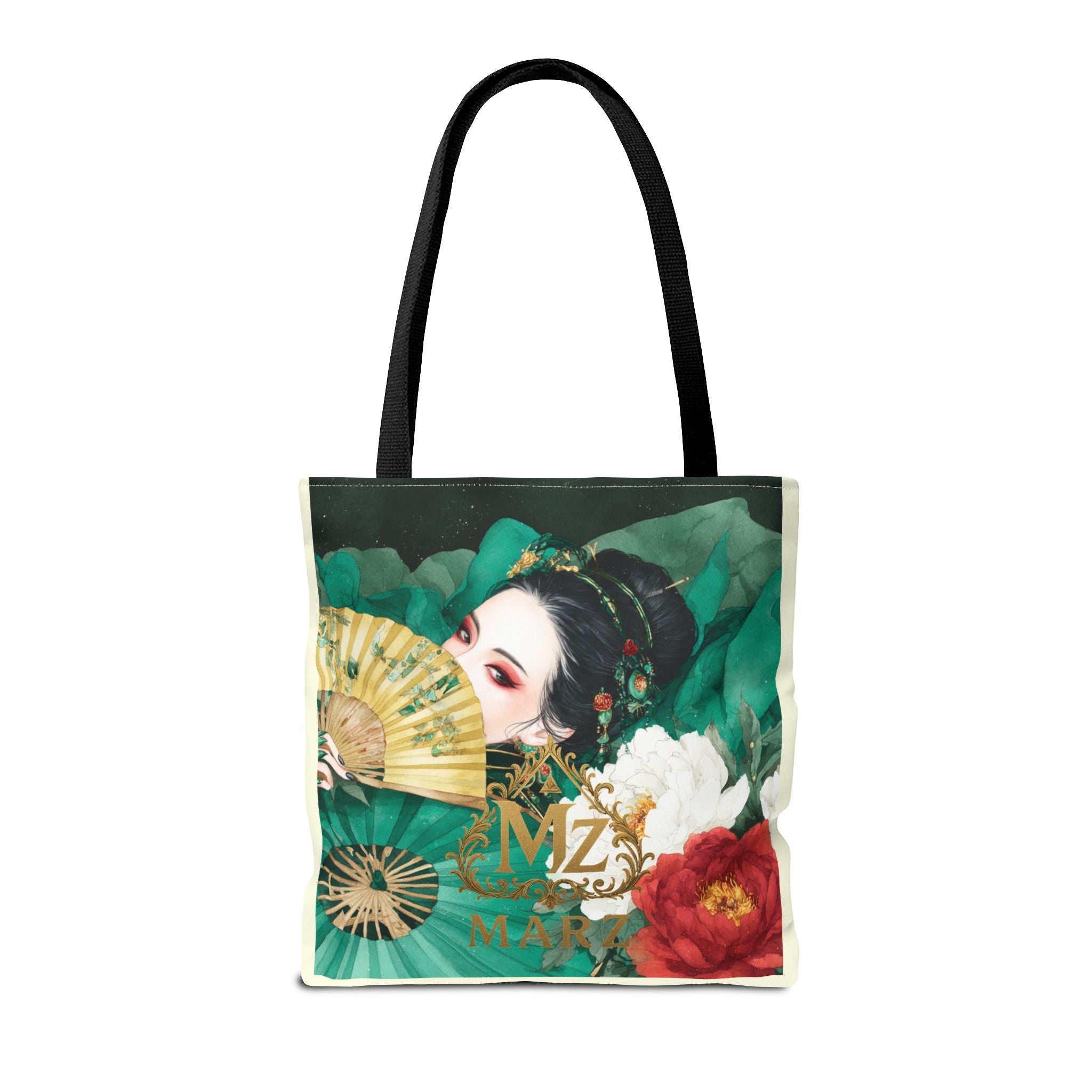 Geisha Art Tote Bag — Floral Fan Illustration Tote for Women, Asian-Inspired Fashion Accessory