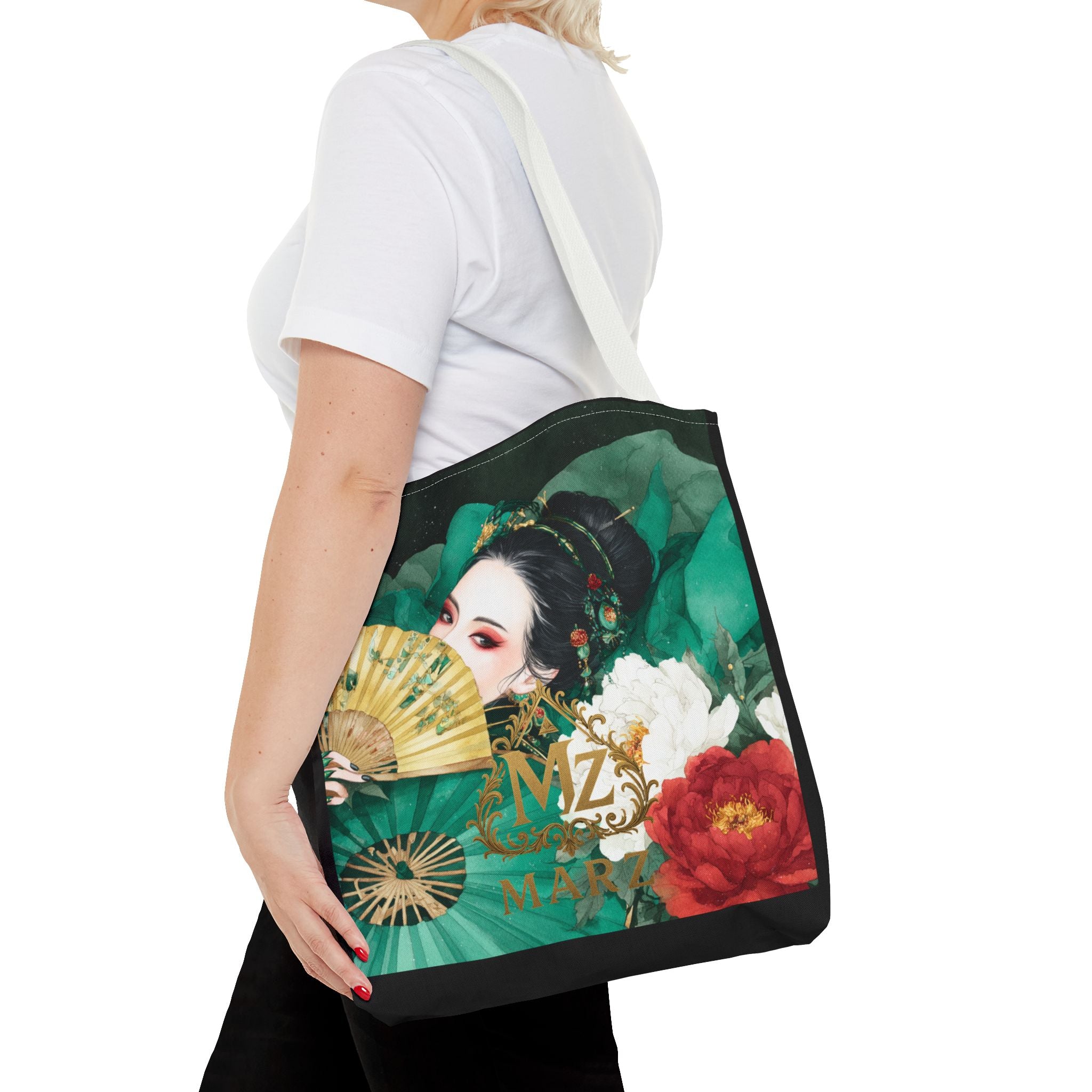 Geisha Art Tote Bag — Floral Fan Illustration Tote for Women, Asian-Inspired Fashion Accessory