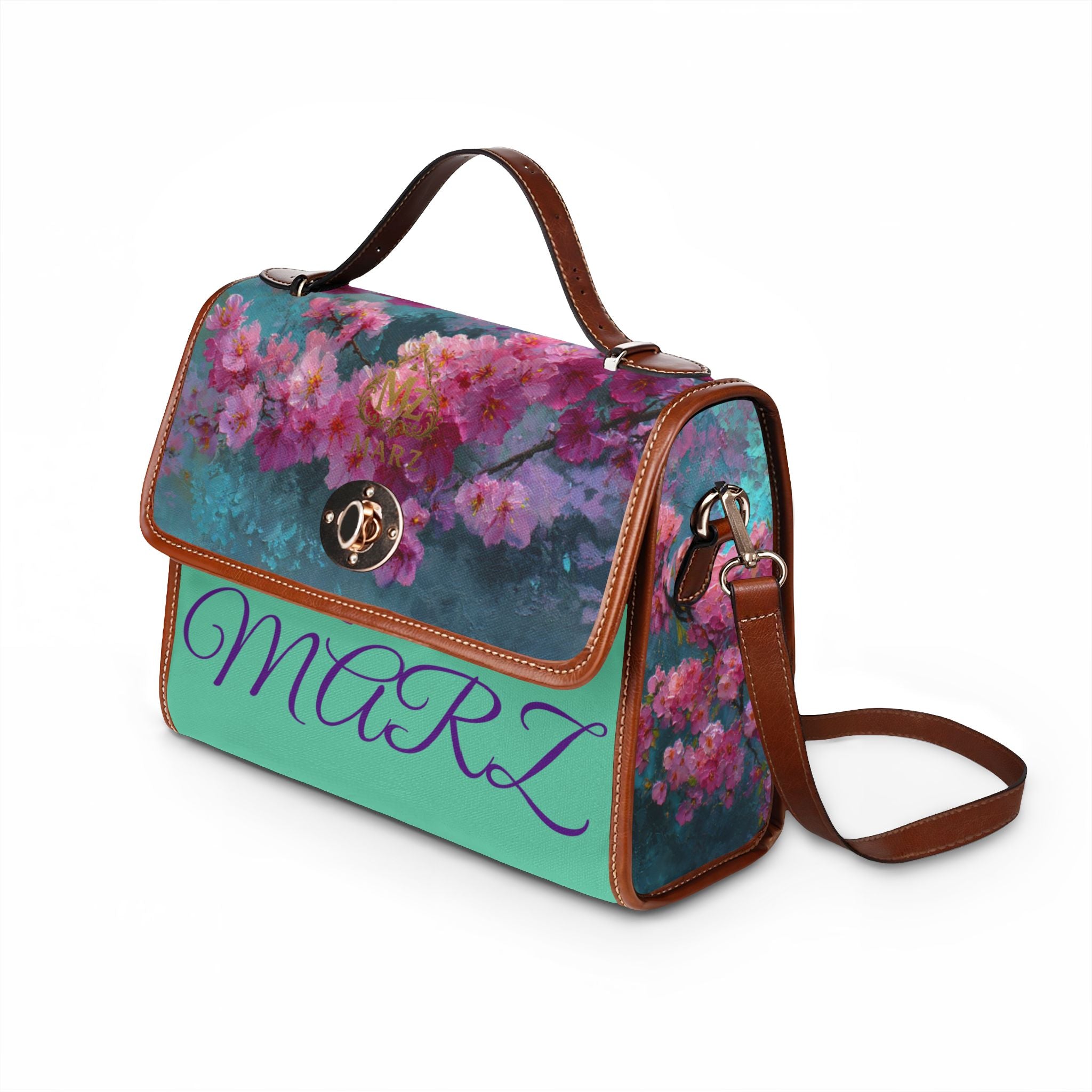 Floral Cherry Blossom Waterproof Canvas Bag — Vintage Teal Satchel