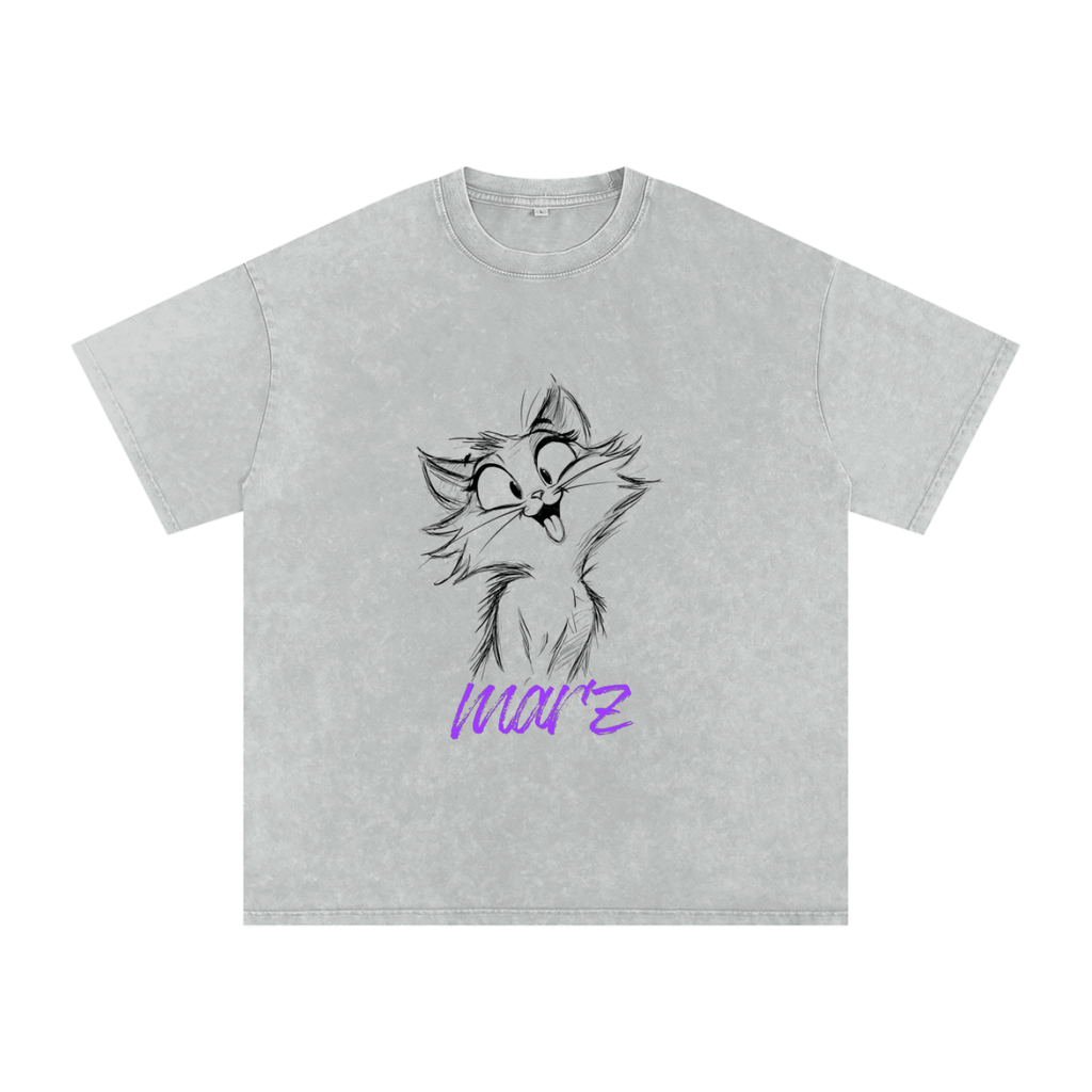 MARZ Meow Time Snow Washed Oversized Cotton T-Shirt