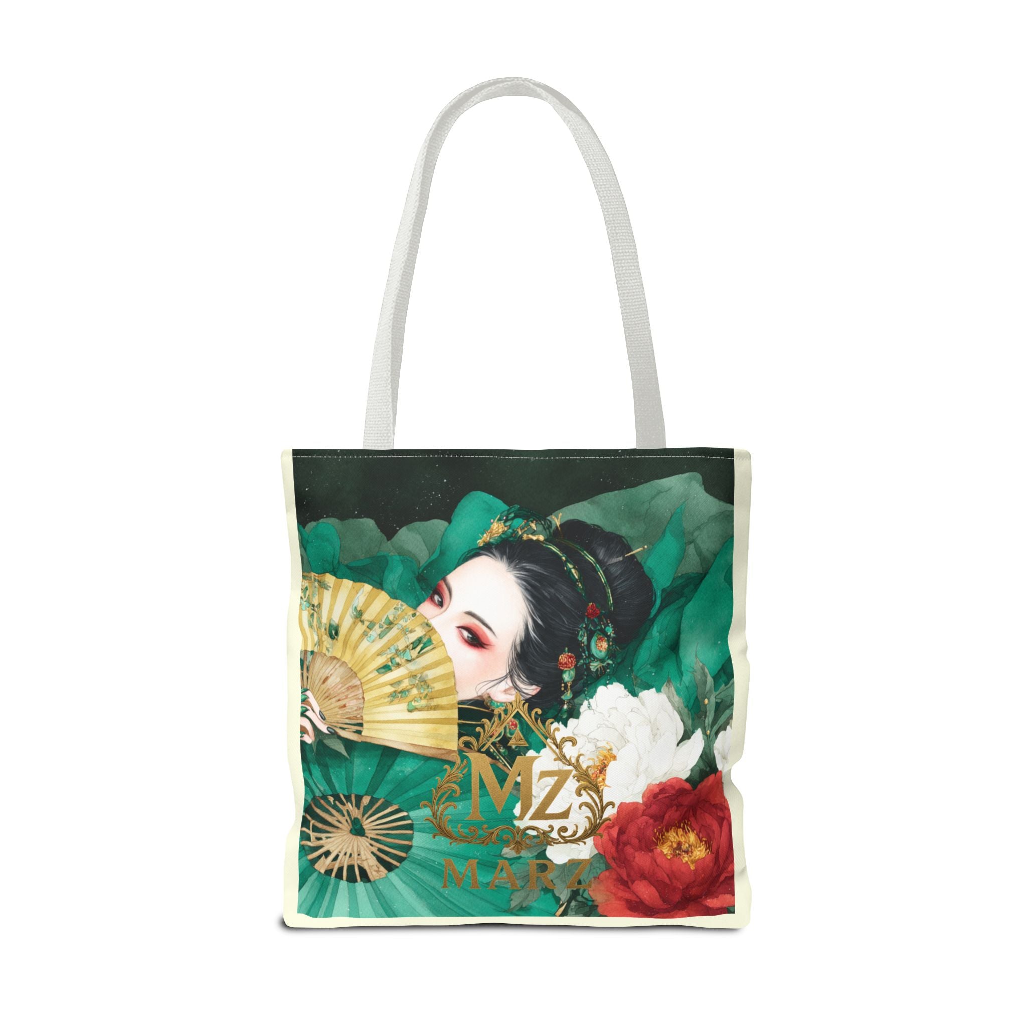 Geisha Art Tote Bag — Floral Fan Illustration Tote for Women, Asian-Inspired Fashion Accessory