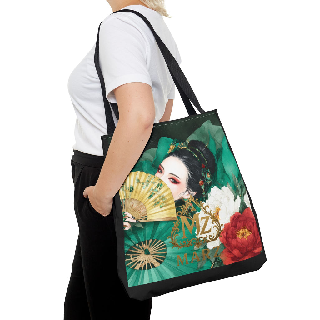 Geisha Art Tote Bag — Floral Fan Illustration Tote for Women, Asian-Inspired Fashion Accessory