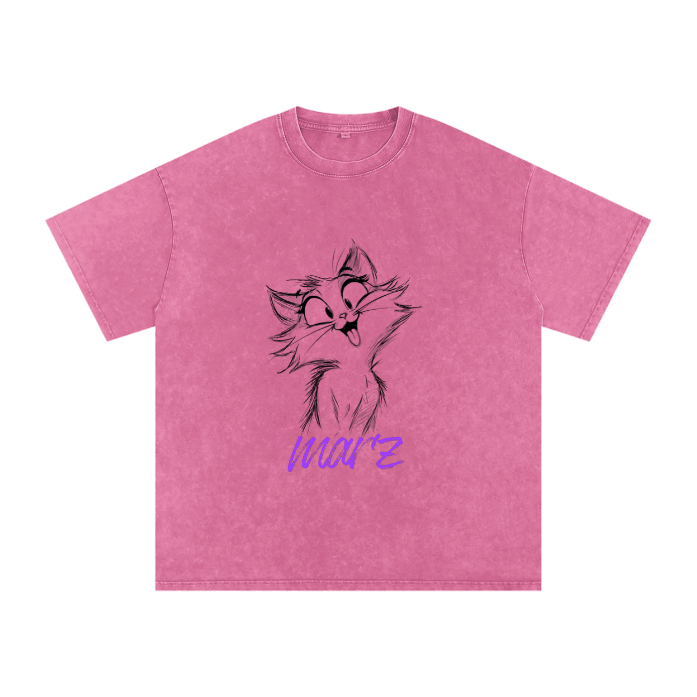 MARZ Meow Time Snow Washed Oversized Cotton T-Shirt