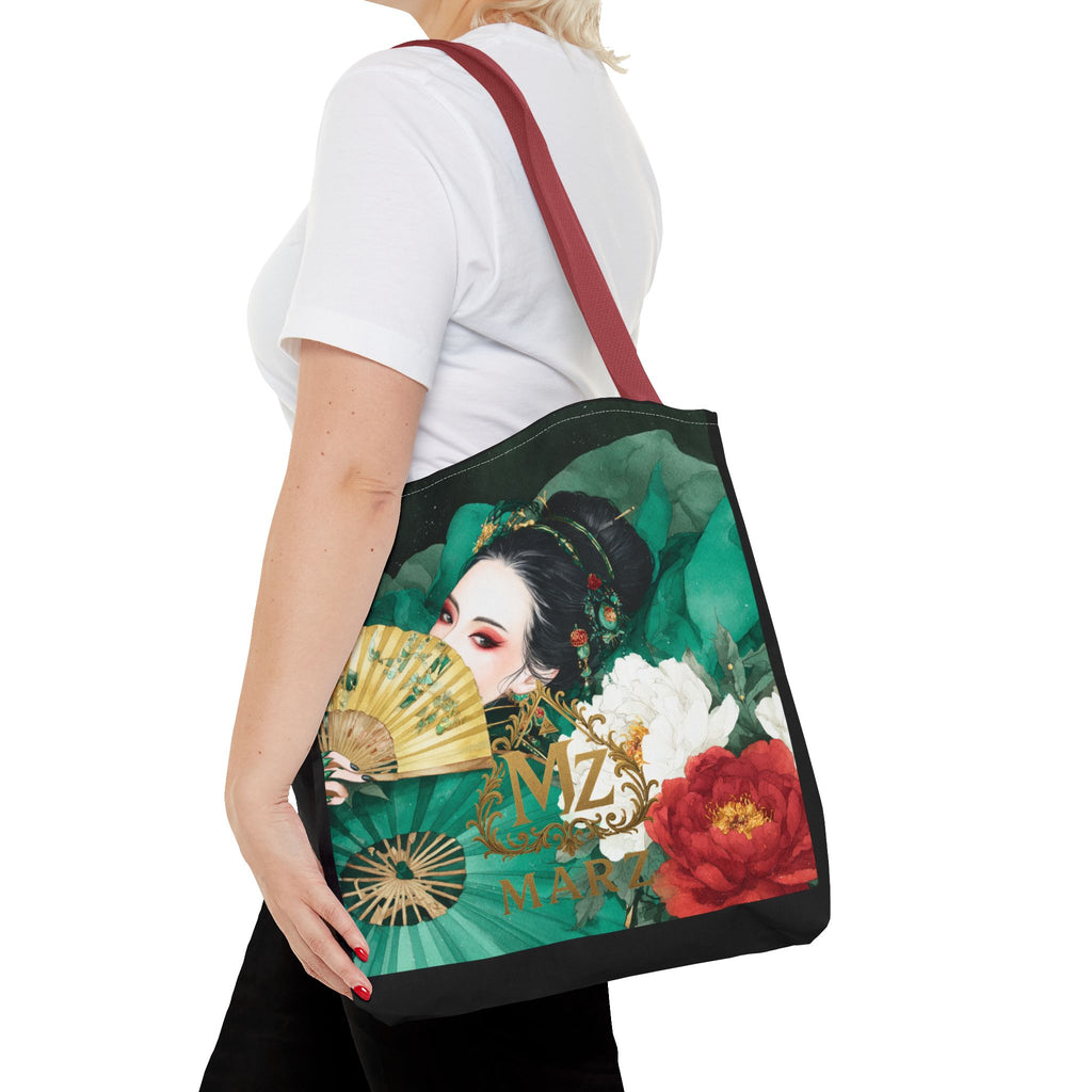 Geisha Art Tote Bag — Floral Fan Illustration Tote for Women, Asian-Inspired Fashion Accessory