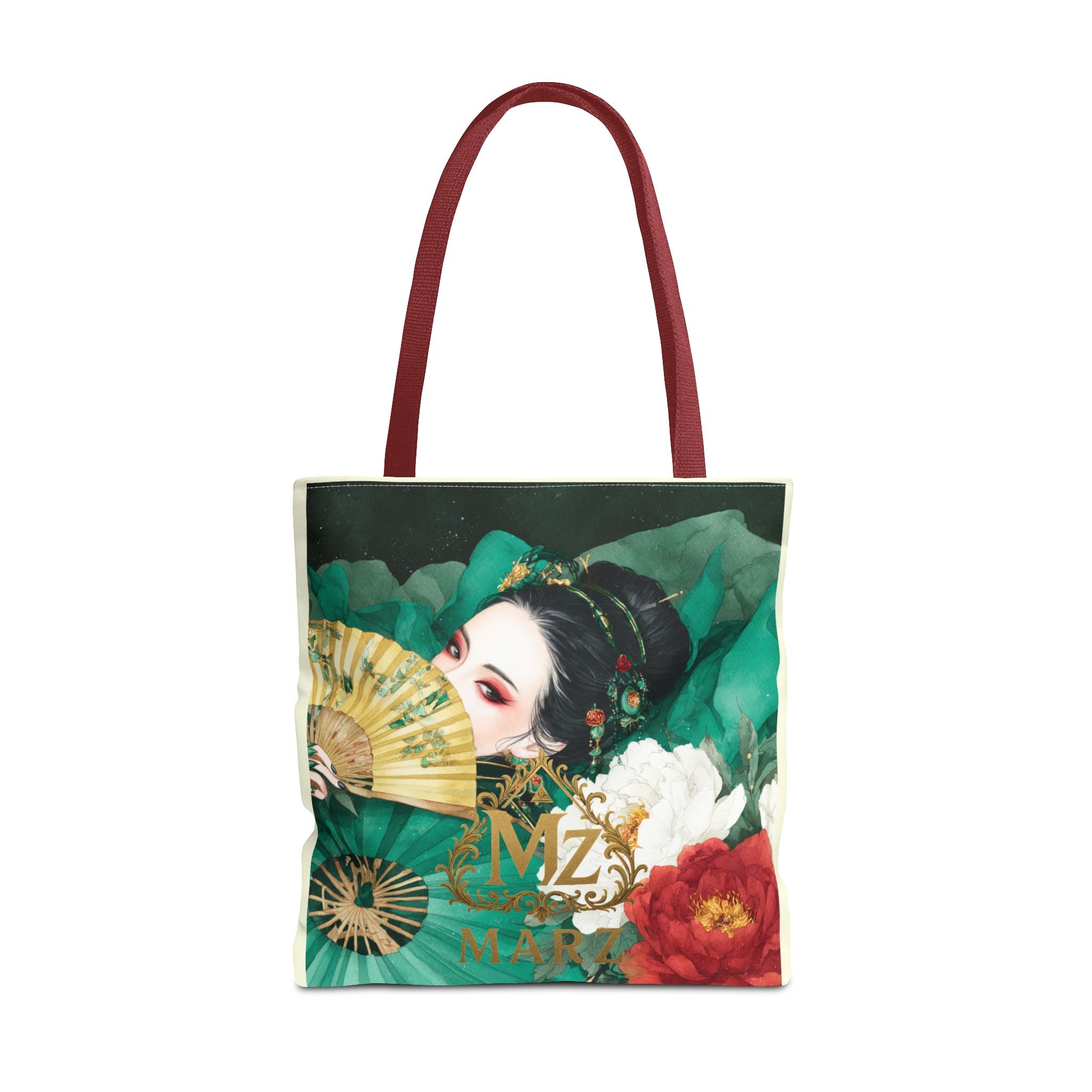 Geisha Art Tote Bag — Floral Fan Illustration Tote for Women, Asian-Inspired Fashion Accessory