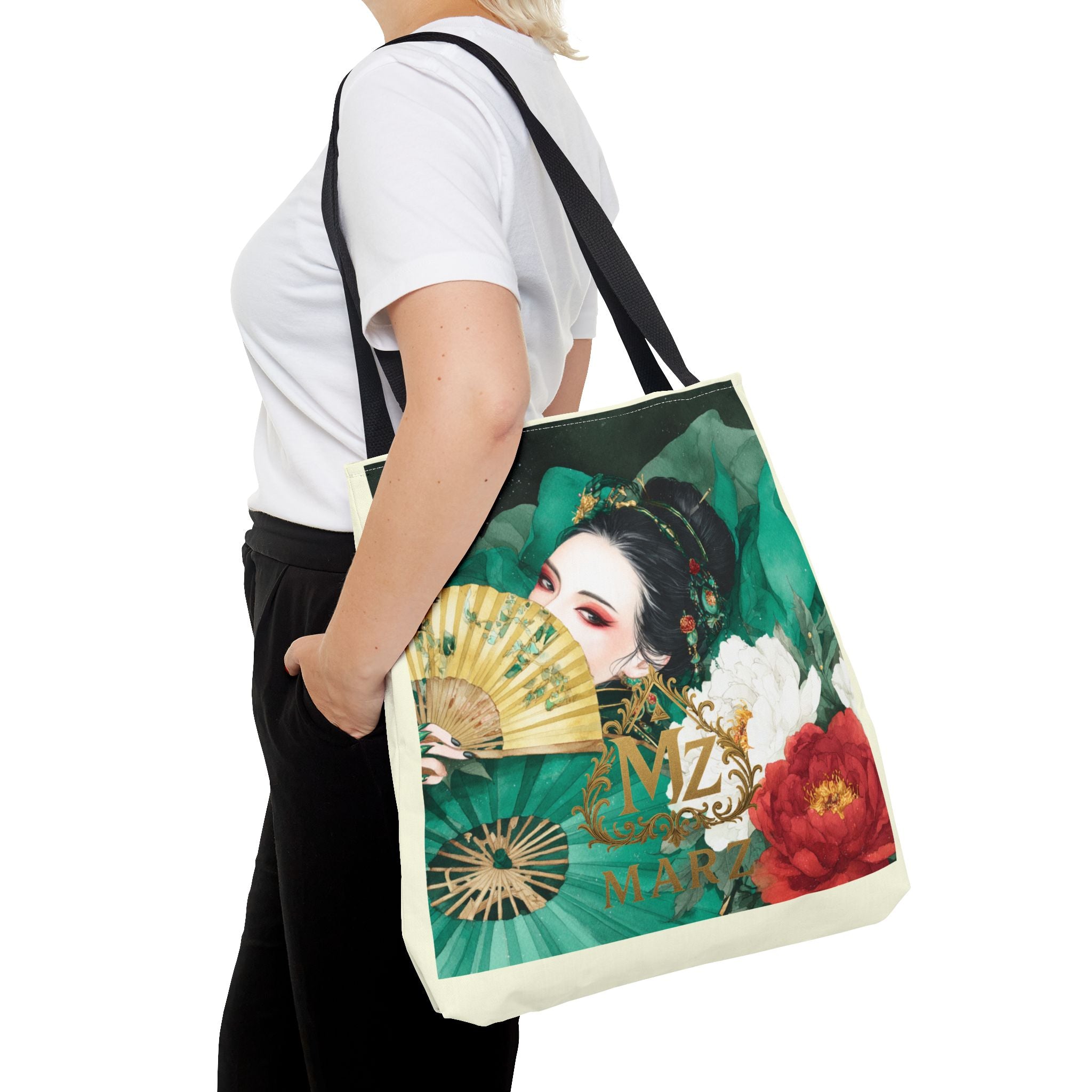 Geisha Art Tote Bag — Floral Fan Illustration Tote for Women, Asian-Inspired Fashion Accessory