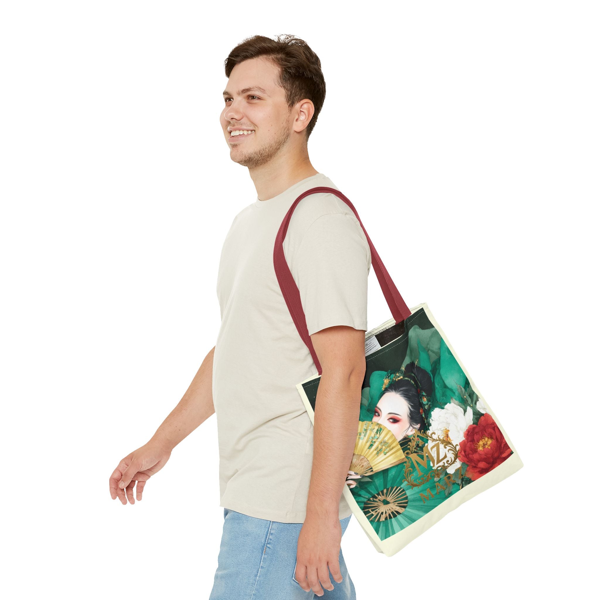 Geisha Art Tote Bag — Floral Fan Illustration Tote for Women, Asian-Inspired Fashion Accessory