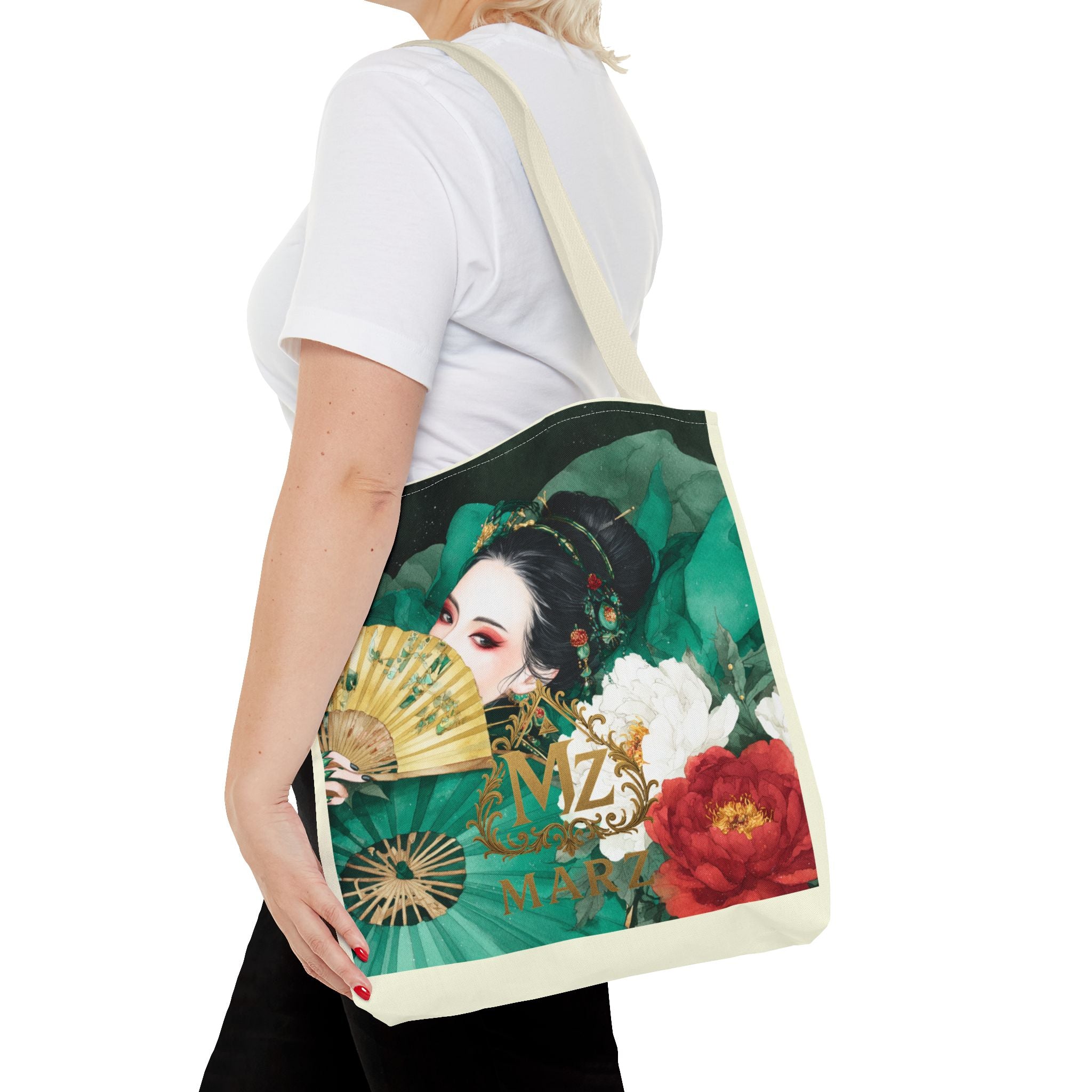 Geisha Art Tote Bag — Floral Fan Illustration Tote for Women, Asian-Inspired Fashion Accessory