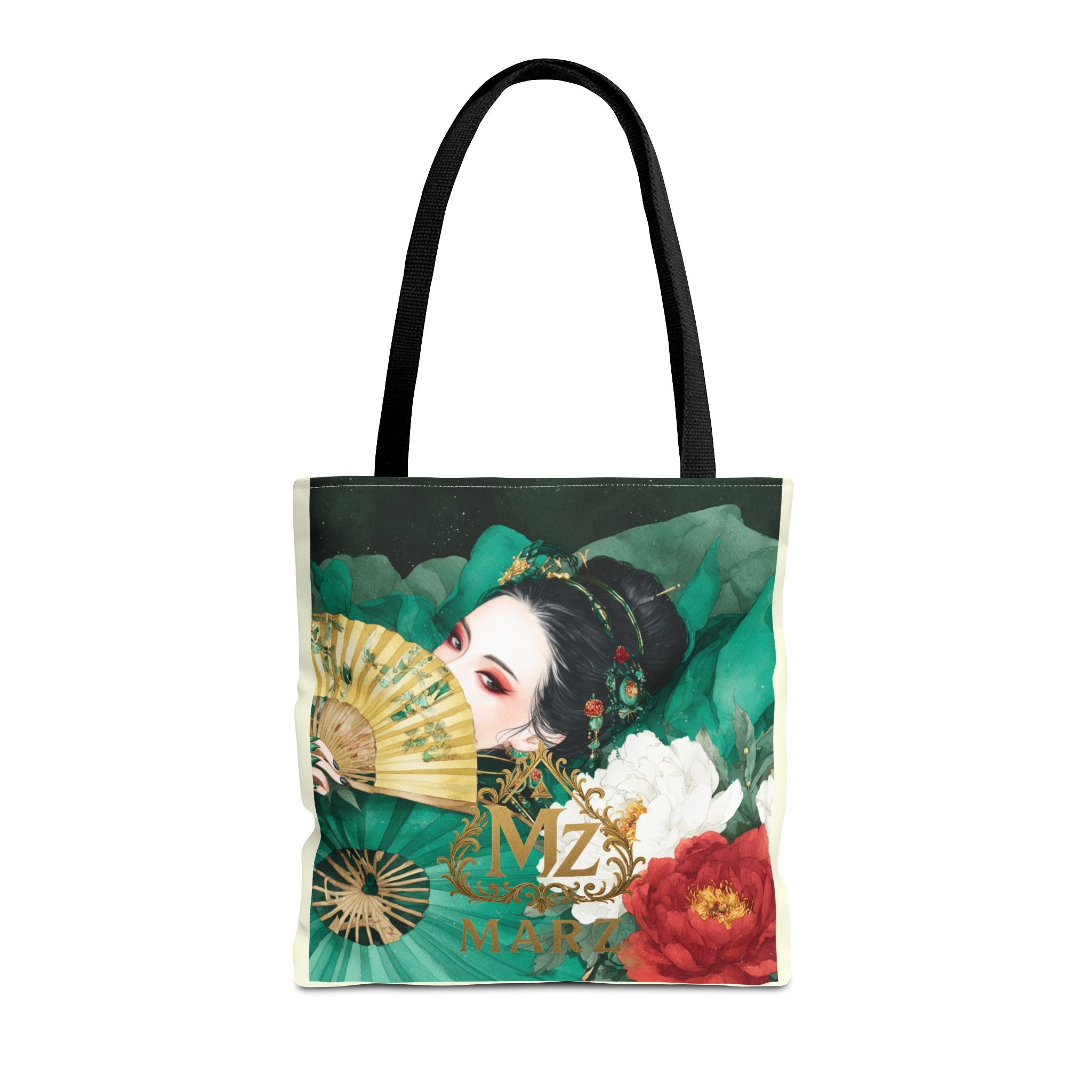 Geisha Art Tote Bag — Floral Fan Illustration Tote for Women, Asian-Inspired Fashion Accessory