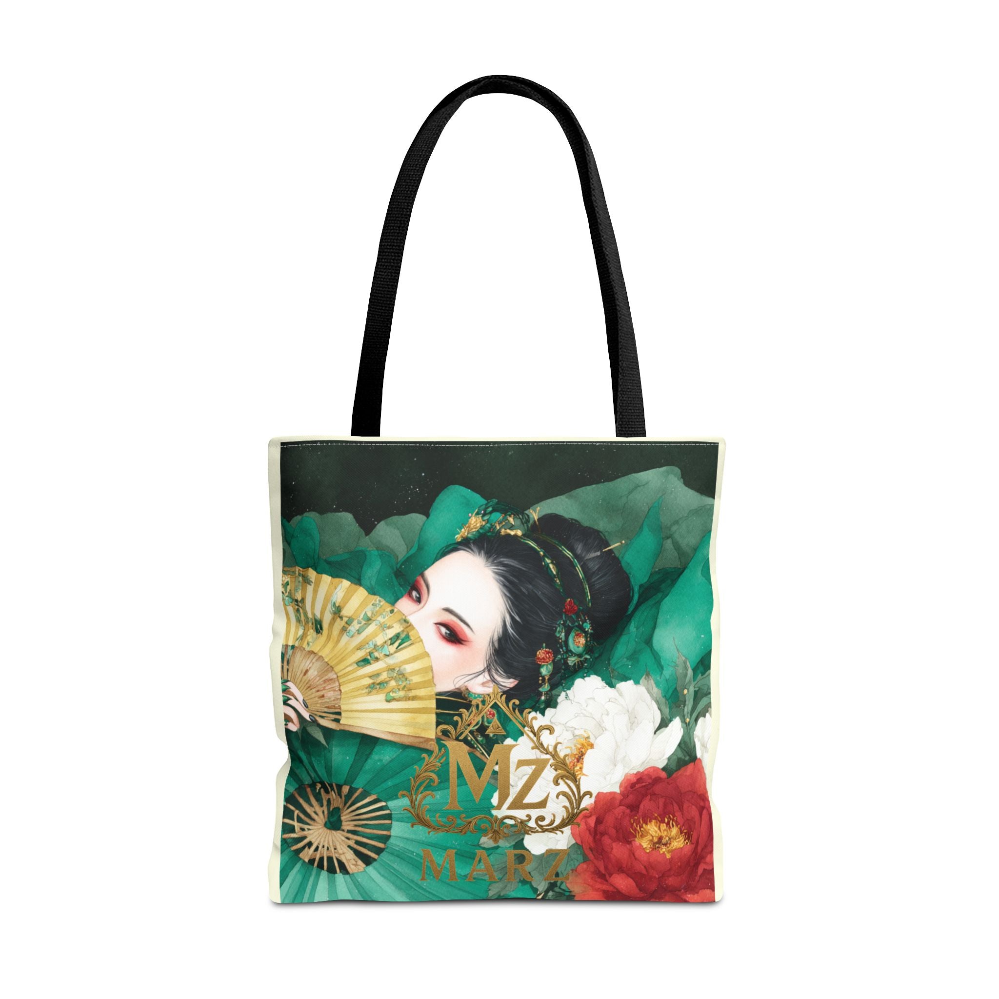 Geisha Art Tote Bag — Floral Fan Illustration Tote for Women, Asian-Inspired Fashion Accessory