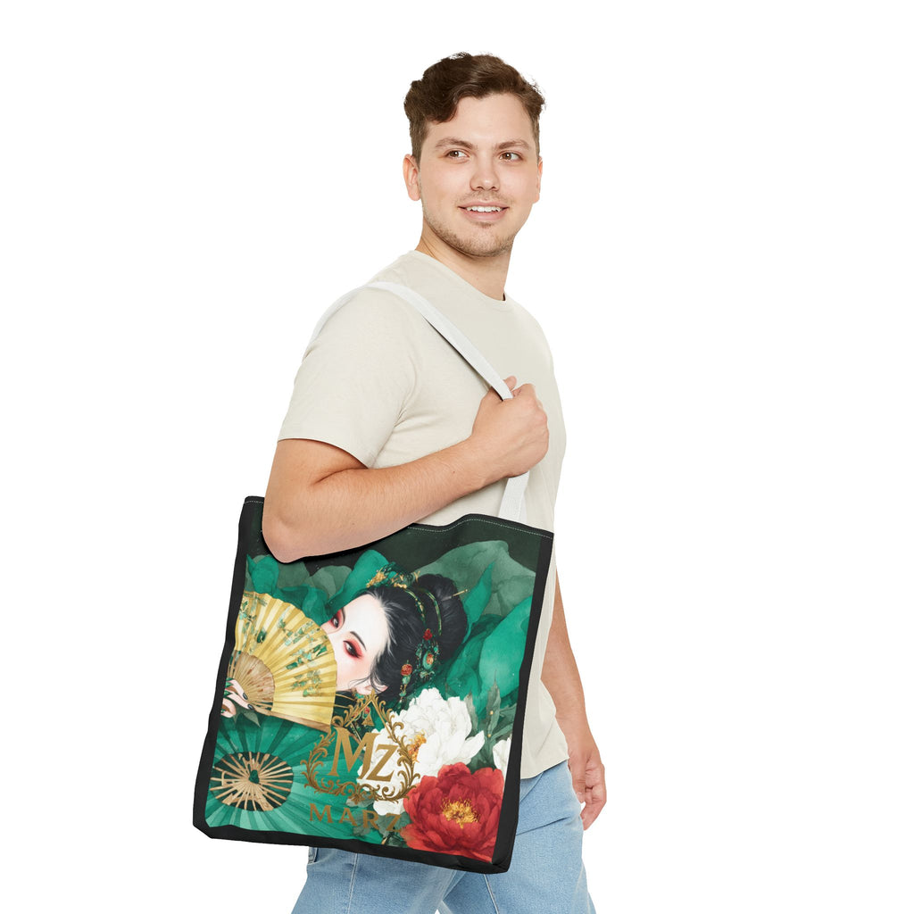 Geisha Art Tote Bag — Floral Fan Illustration Tote for Women, Asian-Inspired Fashion Accessory