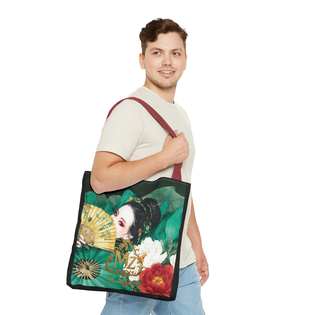 Geisha Art Tote Bag — Floral Fan Illustration Tote for Women, Asian-Inspired Fashion Accessory