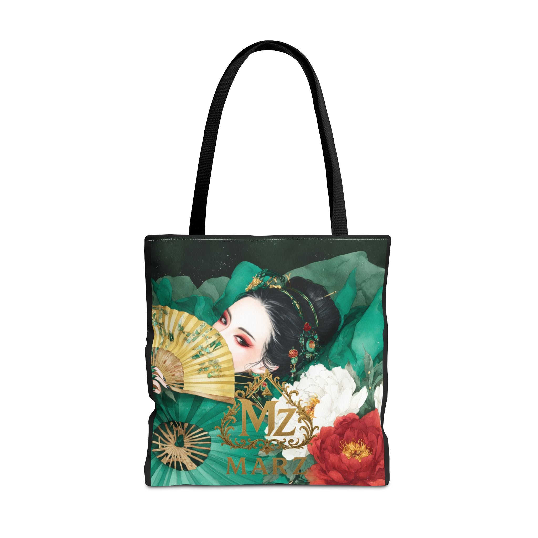 Geisha Art Tote Bag — Floral Fan Illustration Tote for Women, Asian-Inspired Fashion Accessory