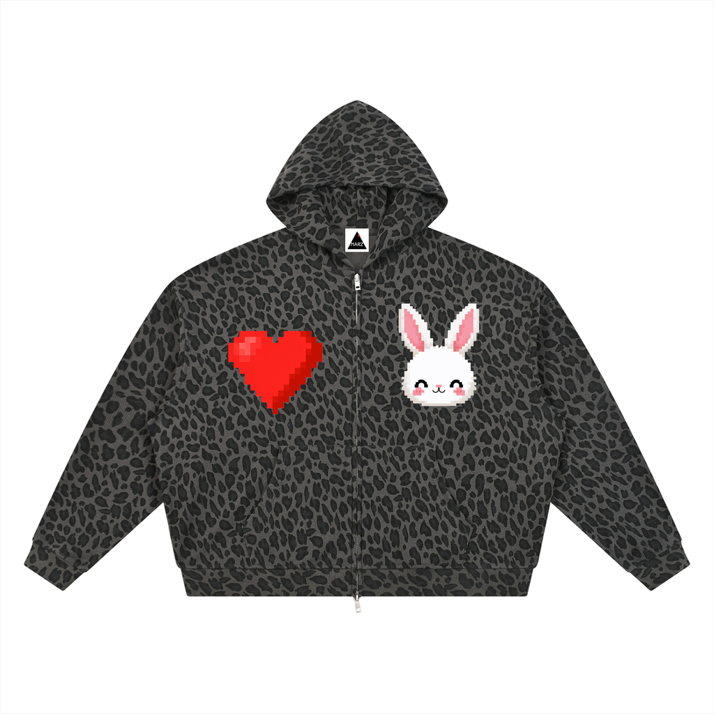 MARZ Blossom Love Unisex Leopard Print Waffle Full Zip Hoodie