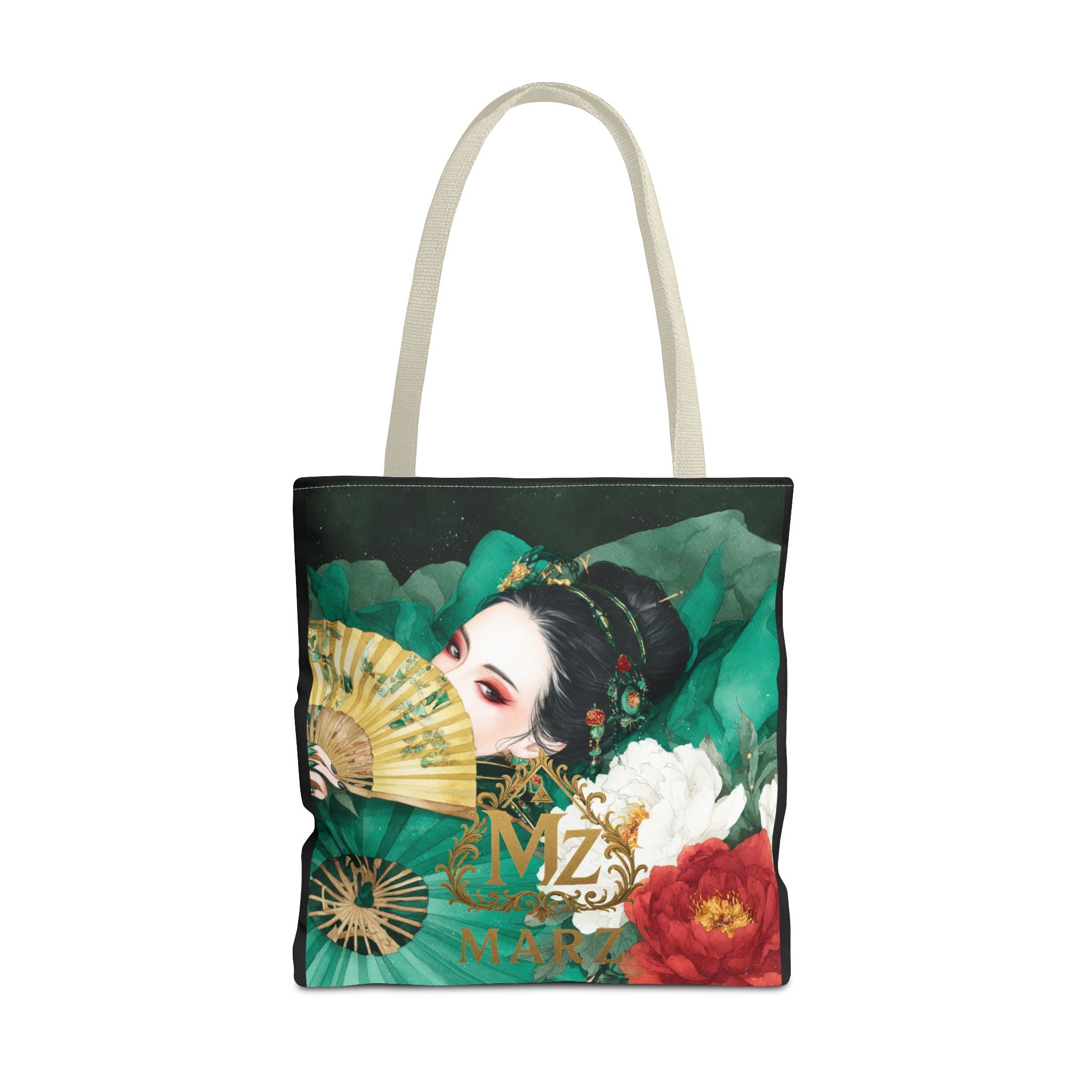 Geisha Art Tote Bag — Floral Fan Illustration Tote for Women, Asian-Inspired Fashion Accessory