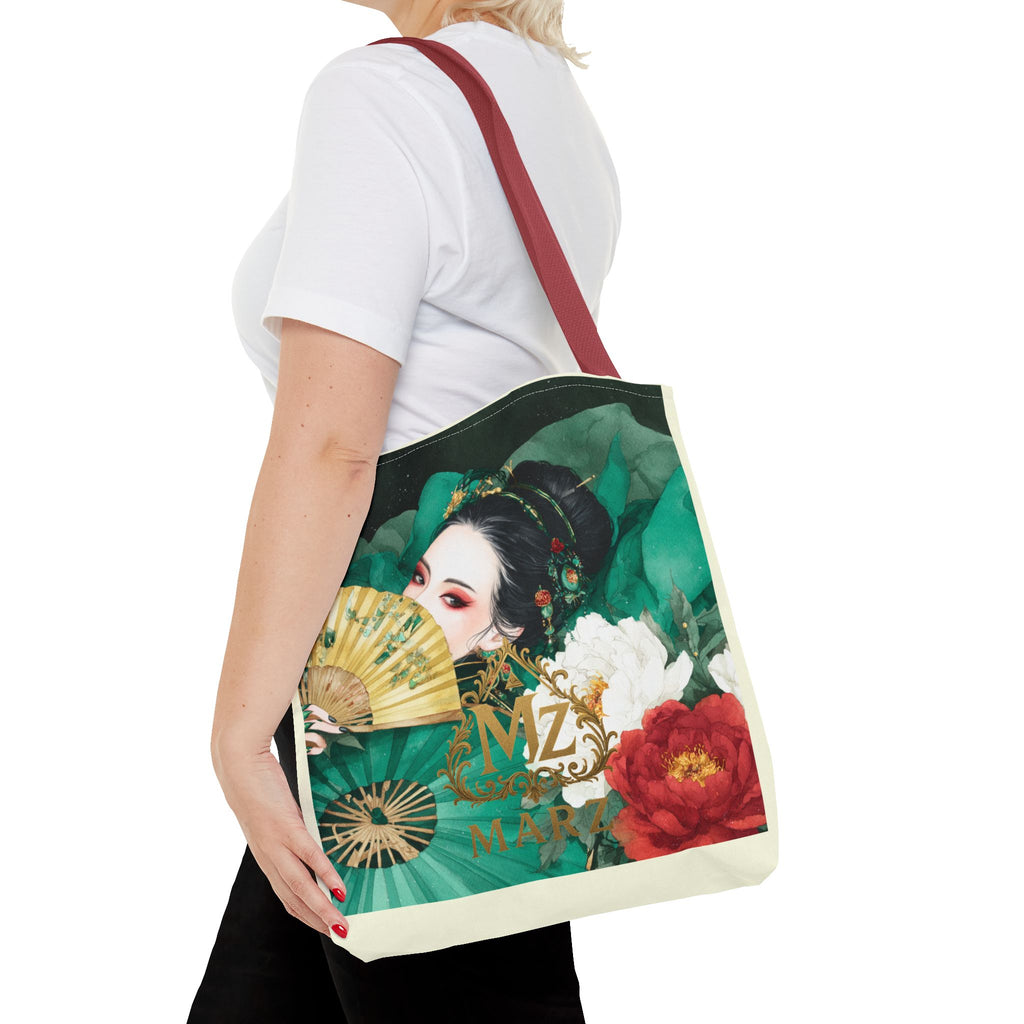 Geisha Art Tote Bag — Floral Fan Illustration Tote for Women, Asian-Inspired Fashion Accessory
