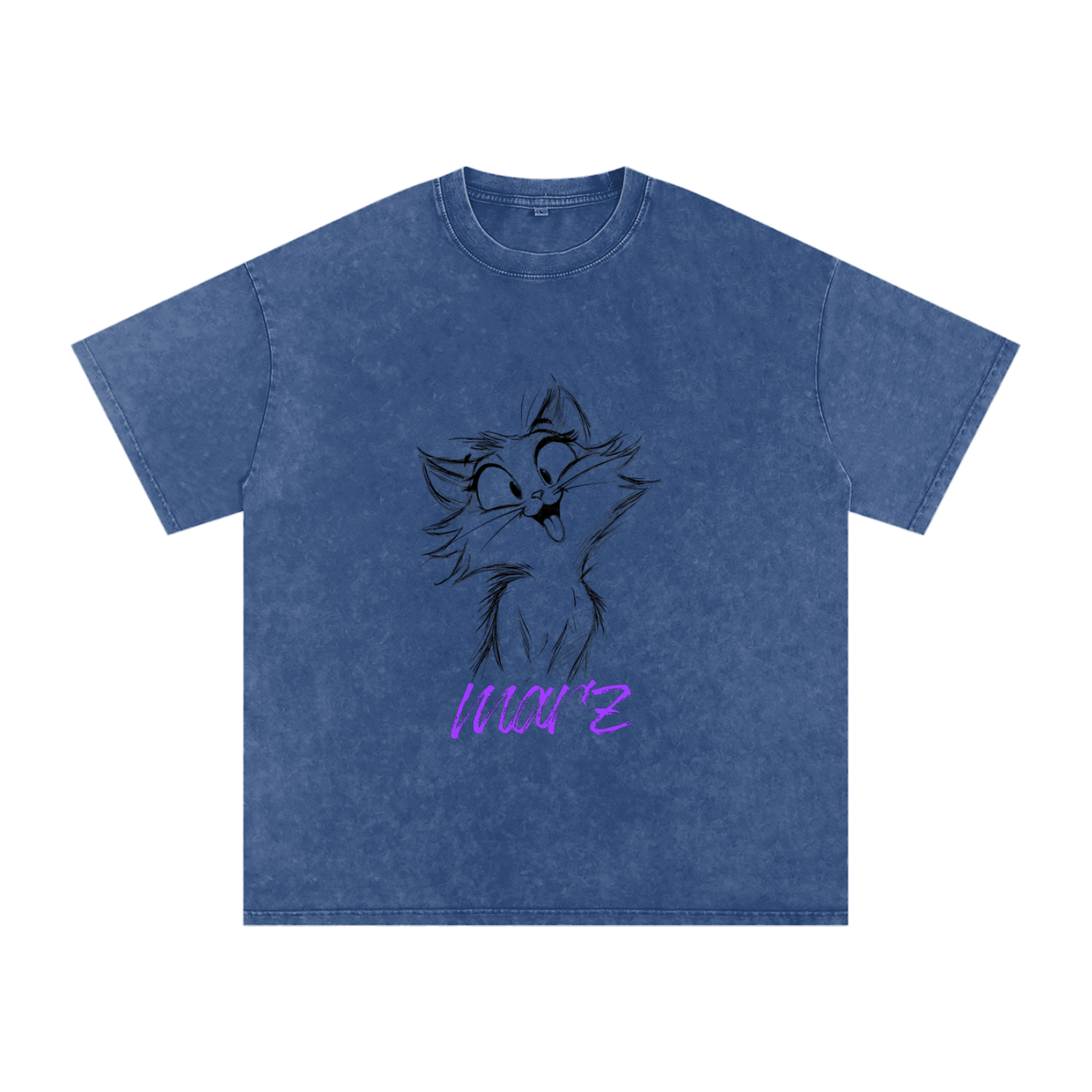 MARZ Meow Time Snow Washed Oversized Cotton T-Shirt