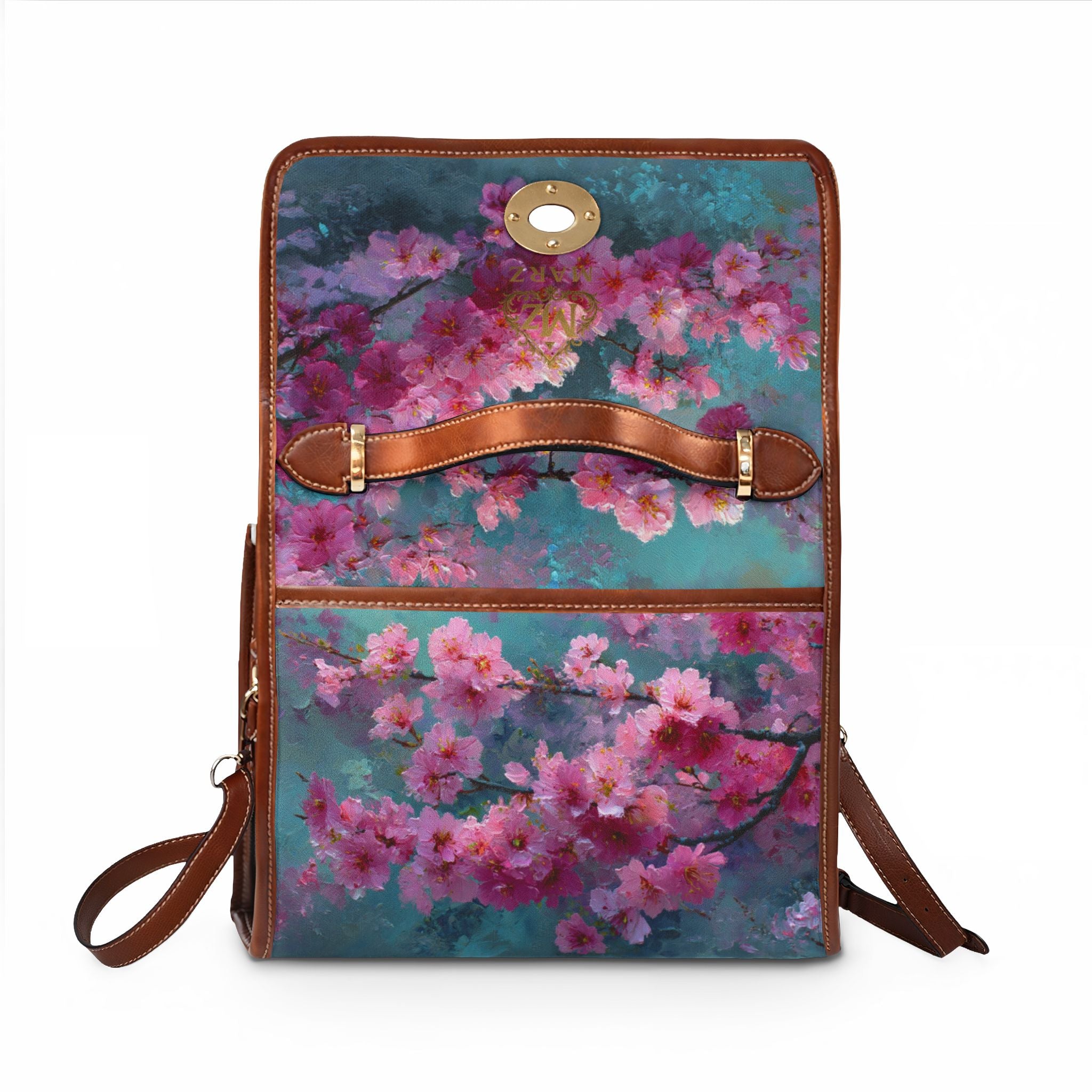 Floral Cherry Blossom Waterproof Canvas Bag — Vintage Teal Satchel