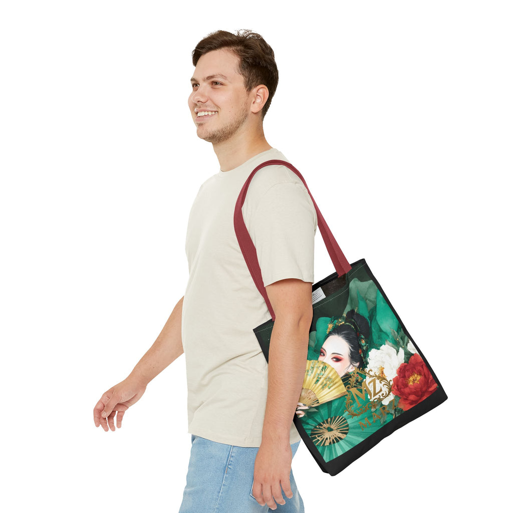 Geisha Art Tote Bag — Floral Fan Illustration Tote for Women, Asian-Inspired Fashion Accessory