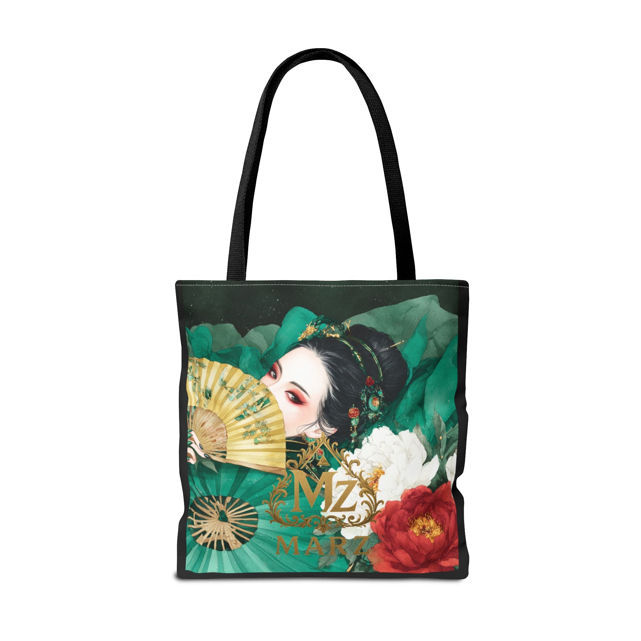 Geisha Art Tote Bag — Floral Fan Illustration Tote for Women, Asian-Inspired Fashion Accessory
